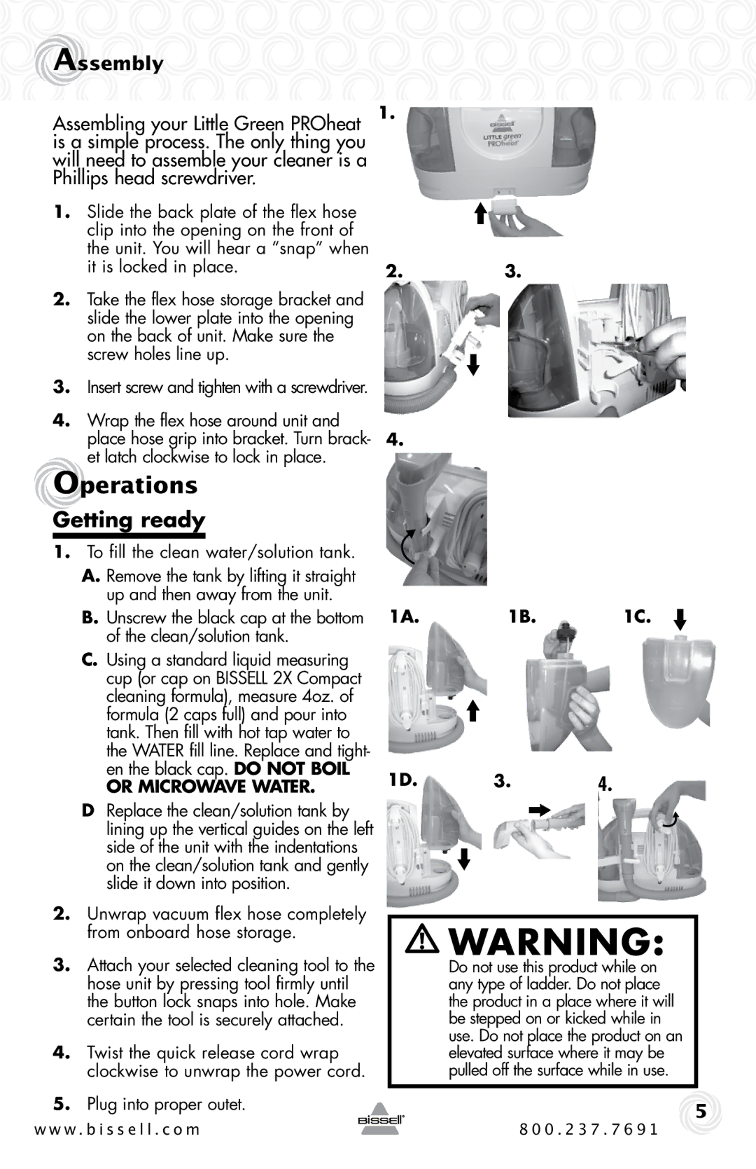Bissell 50Y6 Series warranty Operations, Getting ready, Assembly, 1A B C 