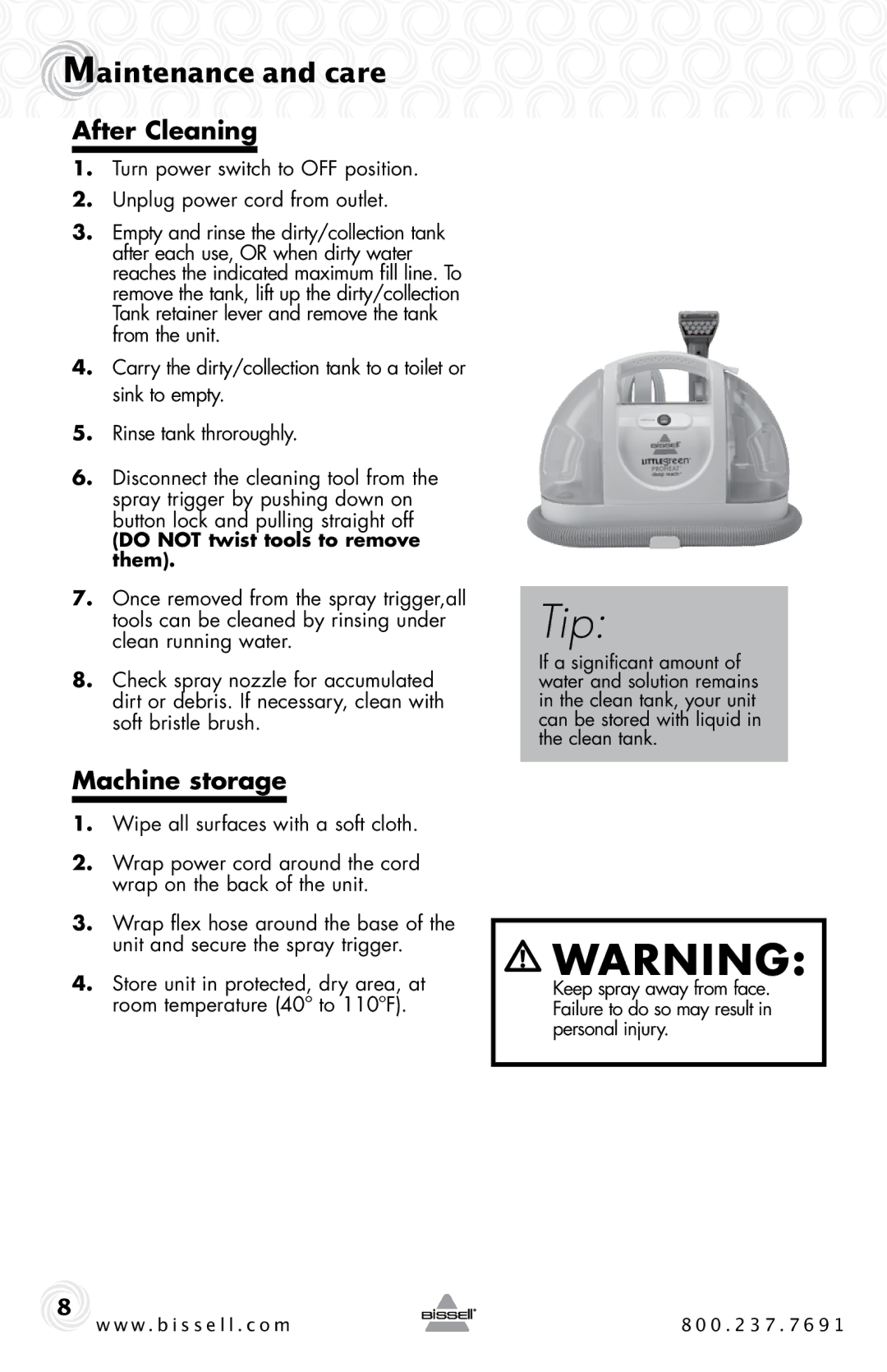 Bissell 50Y6 Series warranty Maintenance and care, After Cleaning, Machine storage 