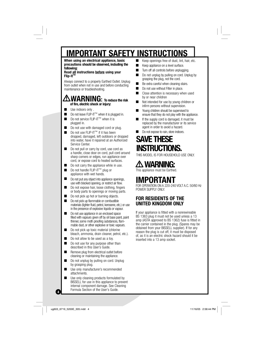 Bissell 5200 warranty Important Safety Instructions 