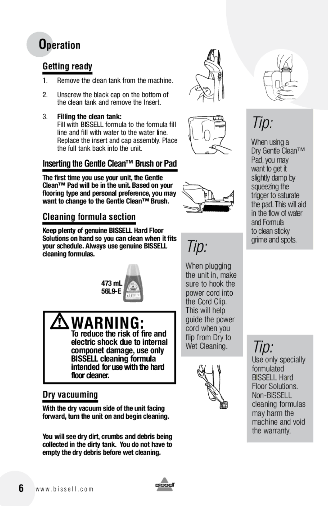 Bissell 5200 warranty Getting ready, Cleaning formula section, Dry vacuuming, Filling the clean tank 