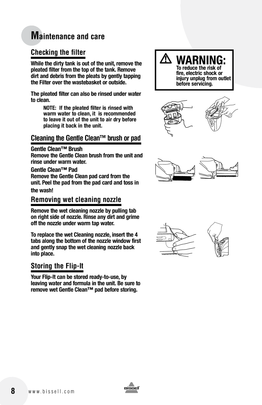 Bissell 5200 Checking the filter, Removing wet cleaning nozzle, Storing the Flip-It, Gentle Clean Brush, Gentle Clean Pad 