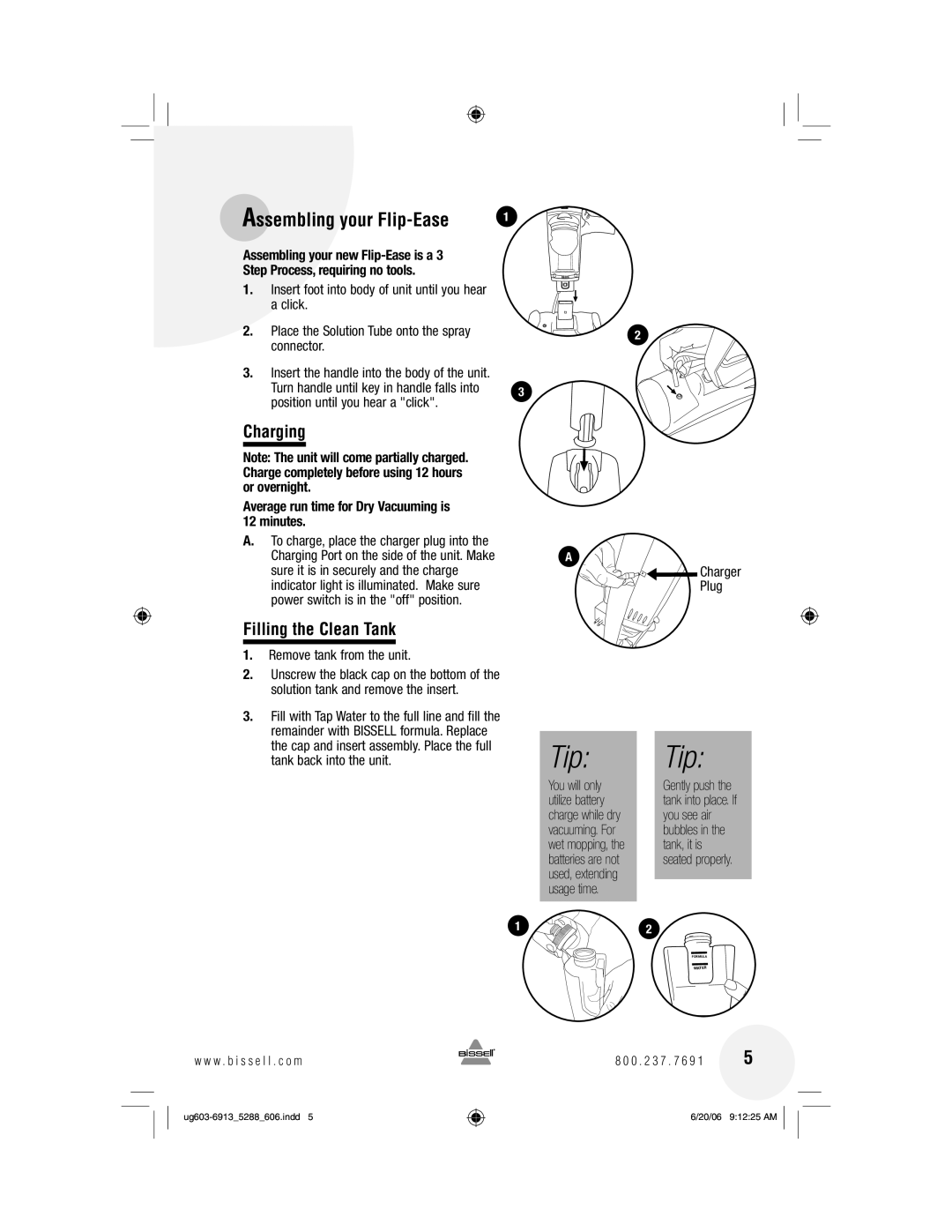 Bissell 5288 Assembling your Flip-Ease, Charging, Filling the Clean Tank, Average run time for Dry Vacuuming is 12 minutes 