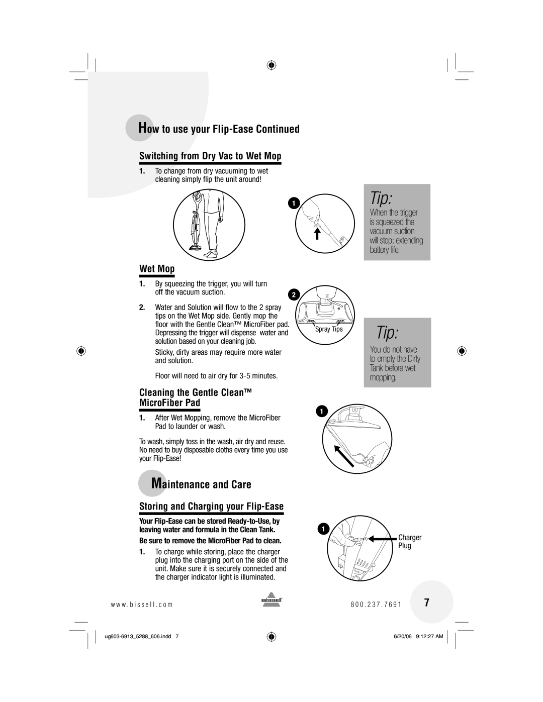 Bissell 5288 warranty Maintenance and Care, Switching from Dry Vac to Wet Mop, Cleaning the Gentle Clean MicroFiber Pad 