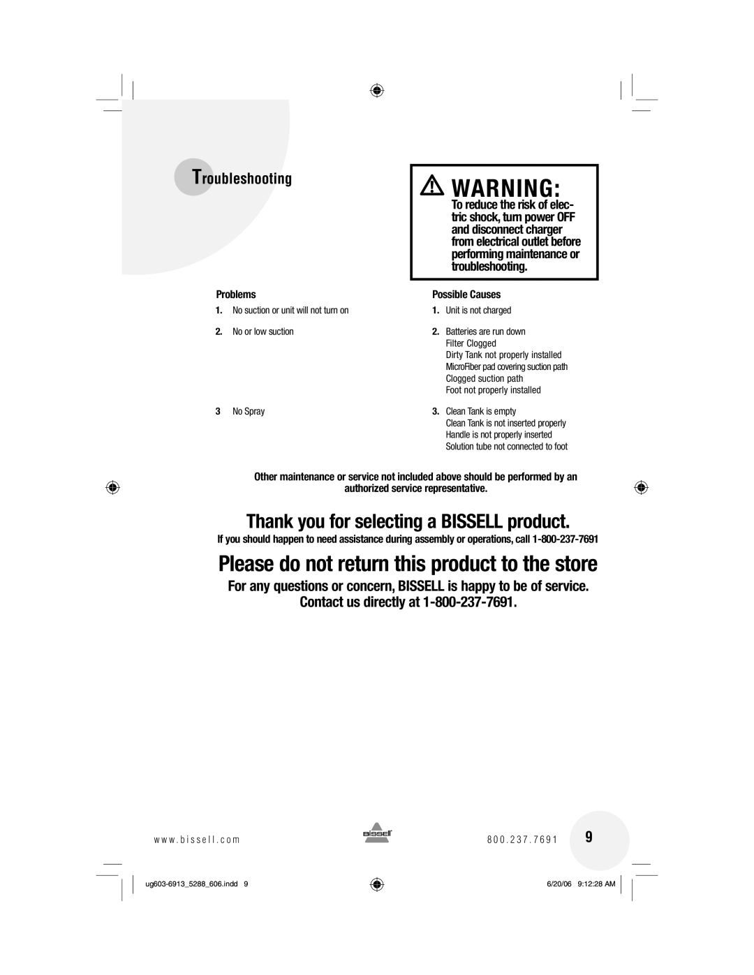 Bissell 5288 warranty Troubleshooting, Problems, Possible Causes 