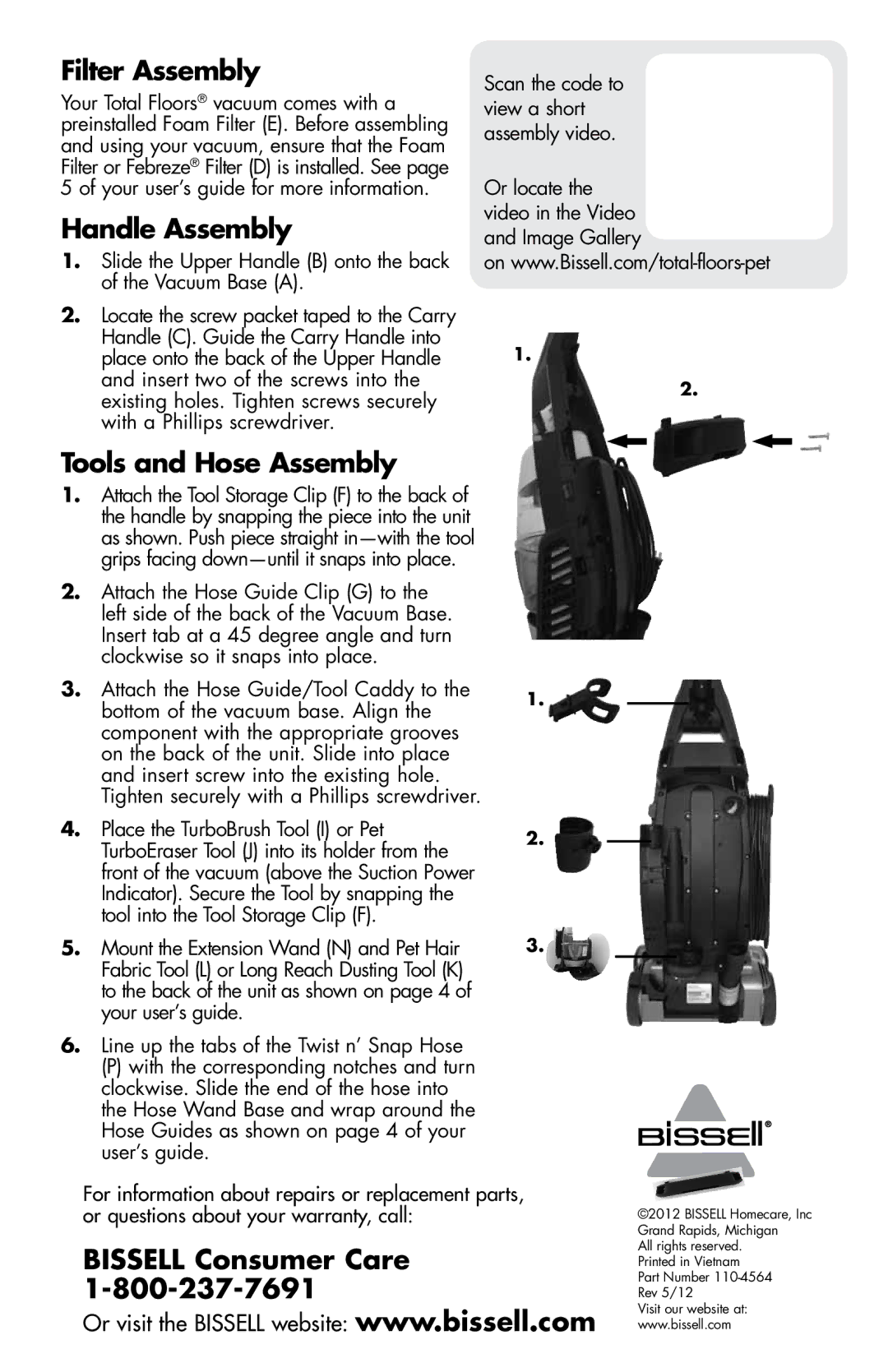 Bissell 52C2 quick start Filter Assembly, Handle Assembly, Tools and Hose Assembly, Bissell Consumer Care 