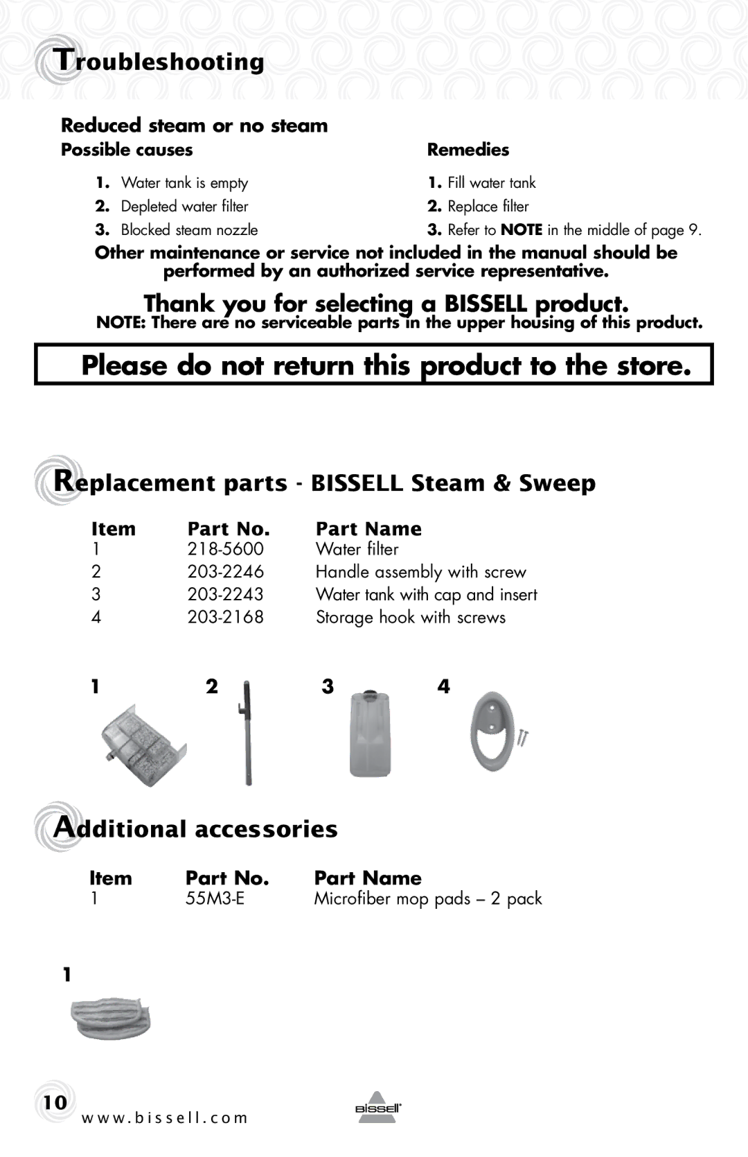 Bissell 57F4 warranty Troubleshooting, Thank you for selecting a Bissell product, Replacement parts Bissell Steam & Sweep 