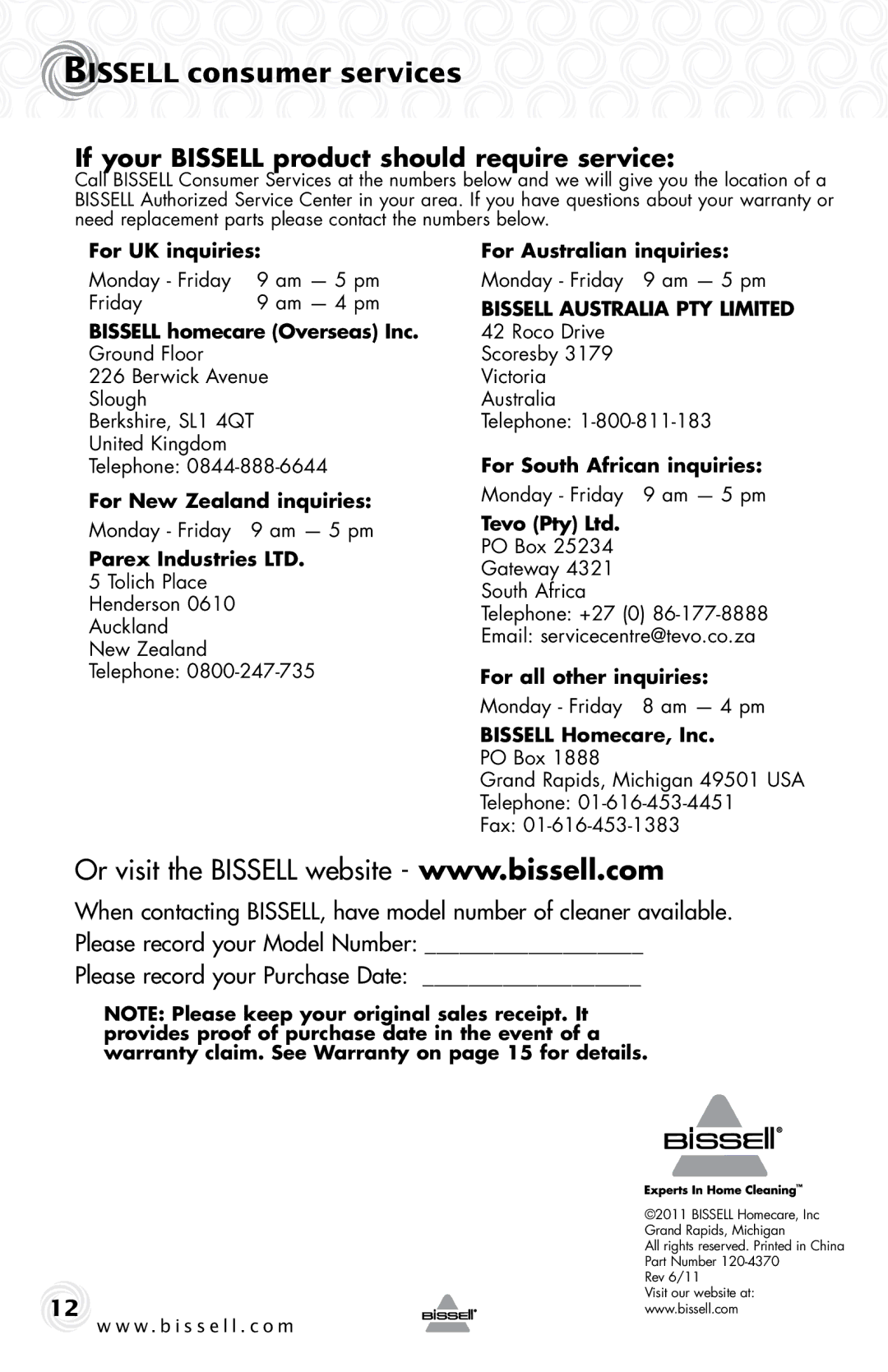 Bissell 57F4 warranty Bissell consumer services, If your Bissell product should require service 