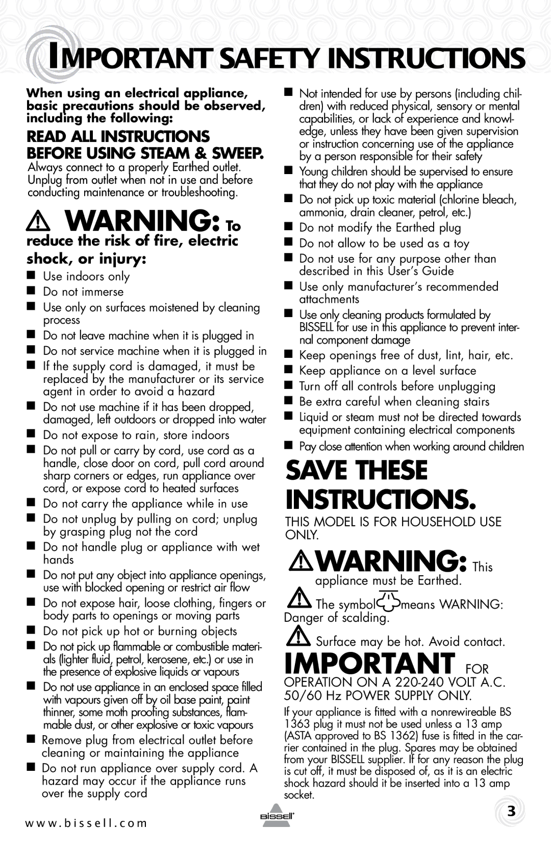 Bissell 57F4 warranty Read all instructions before using Steam & Sweep, Reduce the risk of fire, electric shock, or injury 