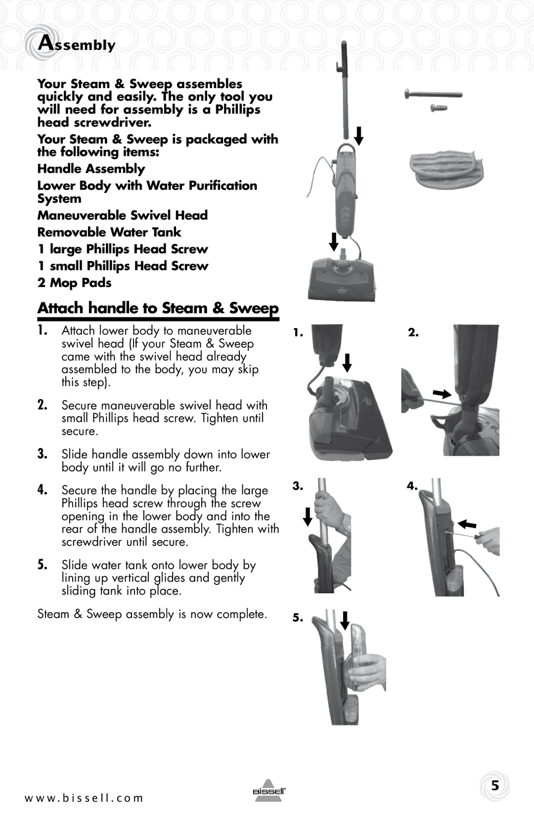 Bissell 57F4 warranty Attach handle to Steam & Sweep, Assembly, Secure the handle by placing the large 