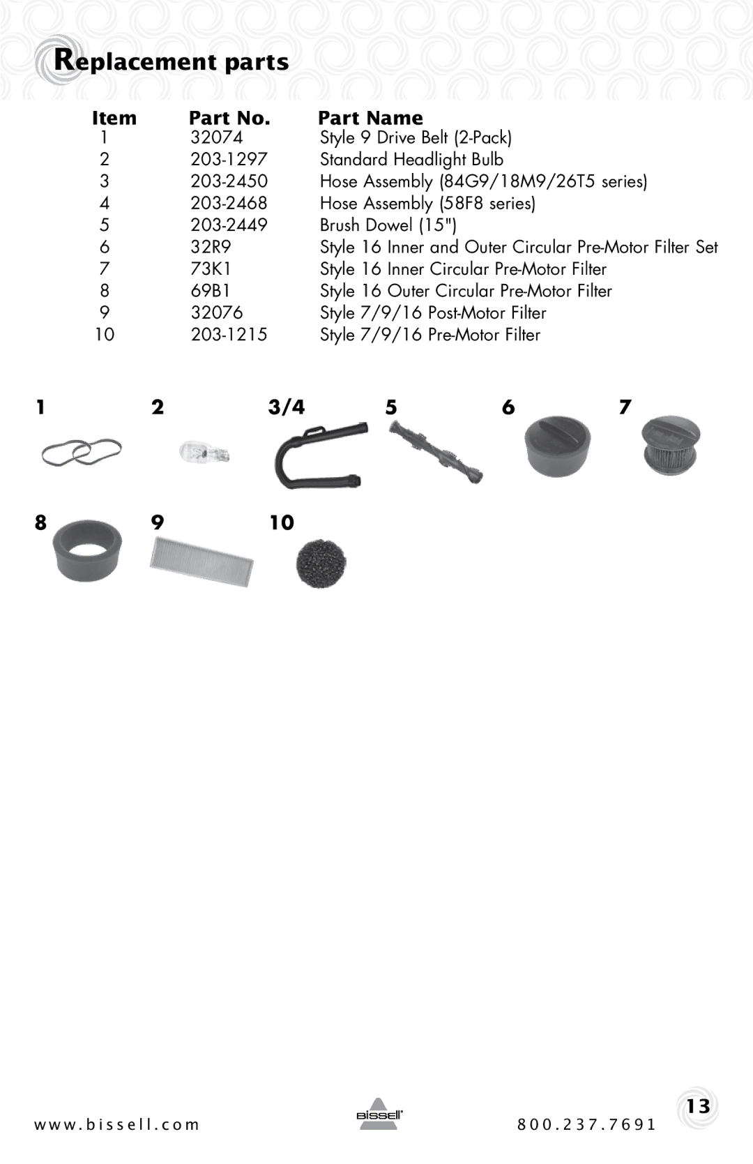 Bissell 84G9, 58F8, 18M9, 26T5 warranty Replacement parts, Part Name, 32074 