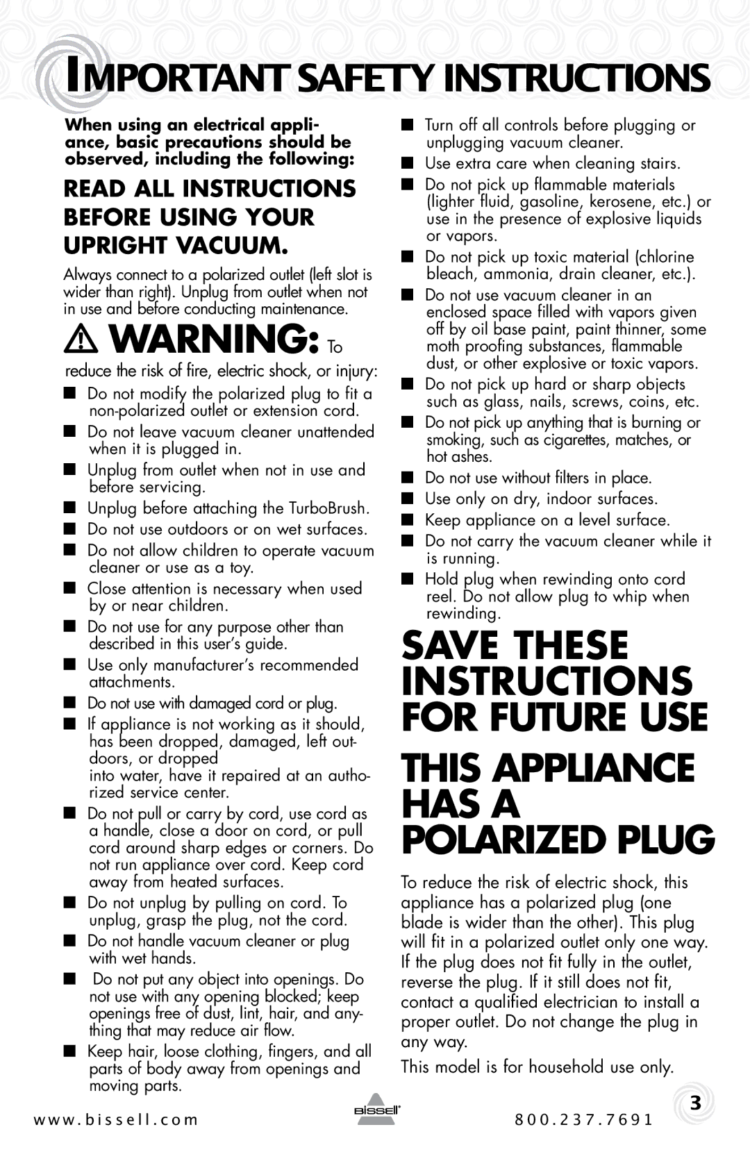 Bissell 26T5, 58F8, 84G9, 18M9 warranty Important Safety Instructions, Read all instructions before using your upright Vacuum 