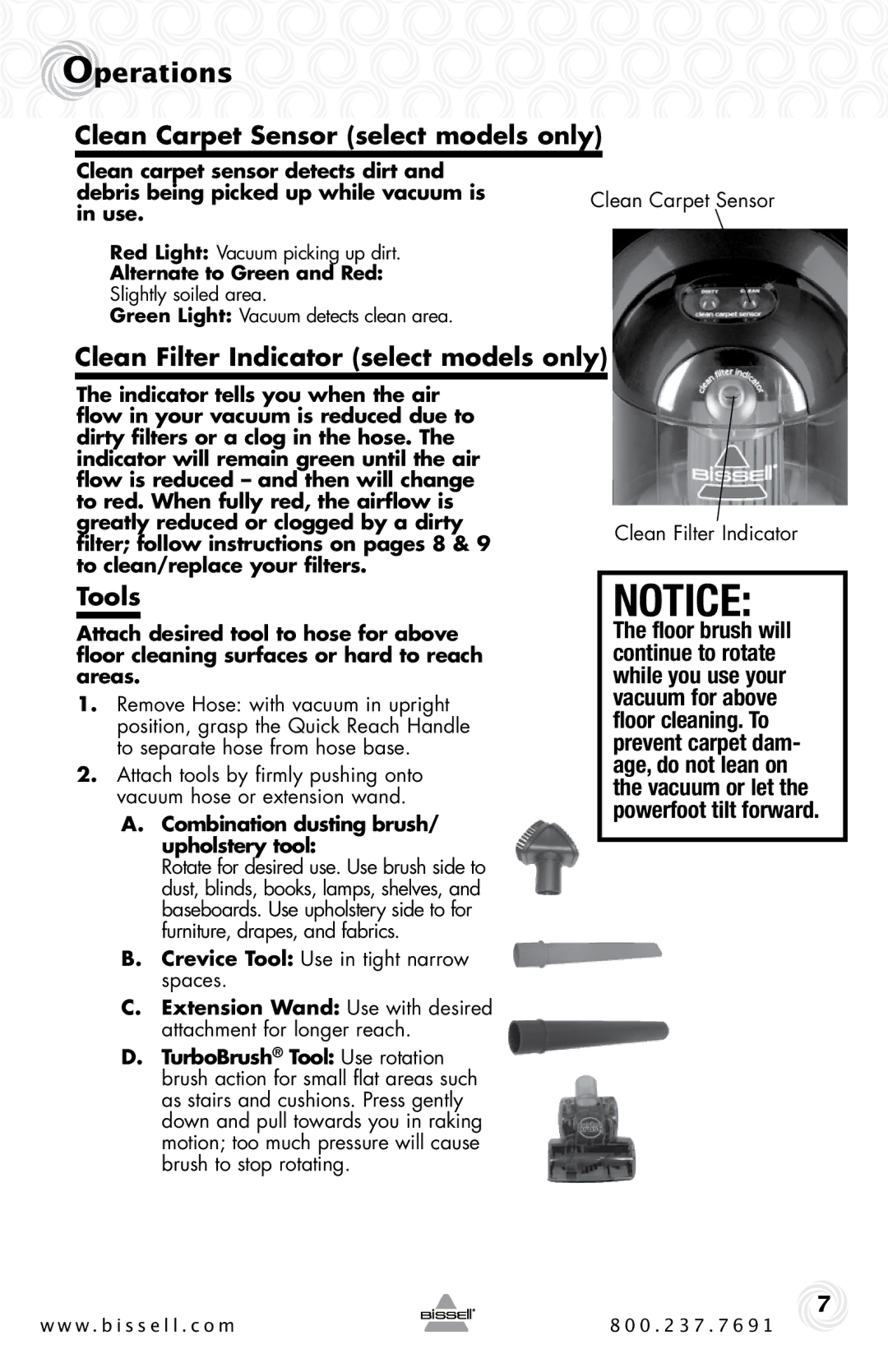 Bissell 26T5, 58F8, 84G9, 18M9 Clean Carpet Sensor select models only, Clean Filter Indicator select models only, Tools 