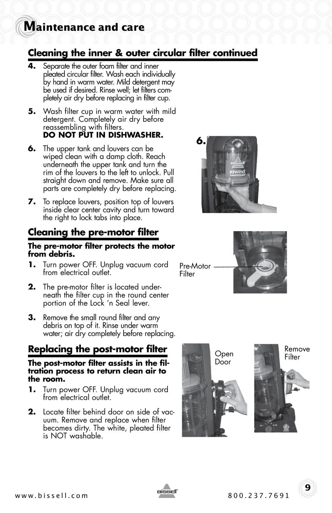 Bissell 84G9, 58F8, 18M9, 26T5 warranty Cleaning the pre-motor filter, Replacing the post-motor filter 