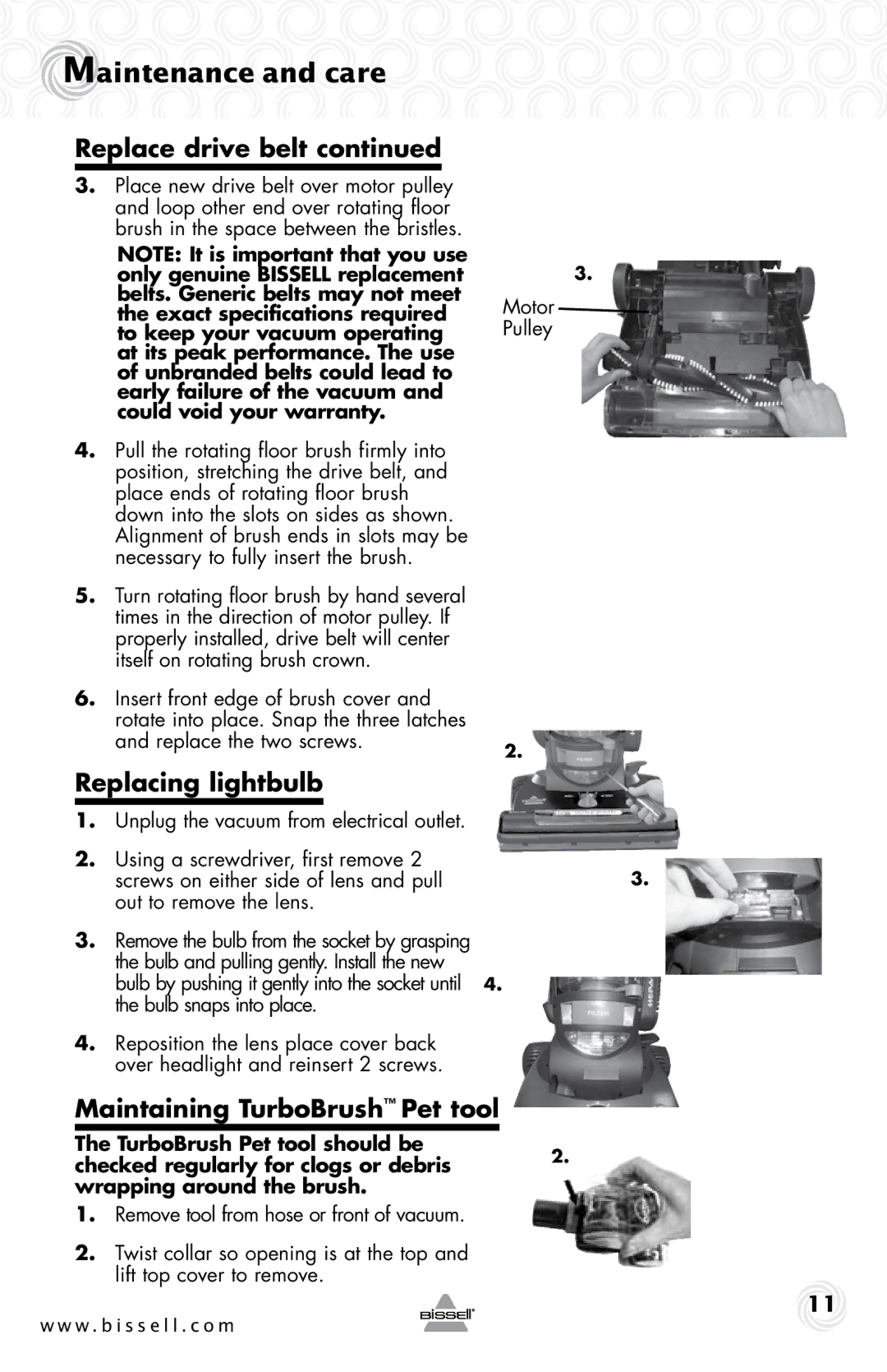 Bissell 58K5 warranty Replacing lightbulb, Maintaining TurboBrush Pet tool, Motor Pulley, Replace the two screws 