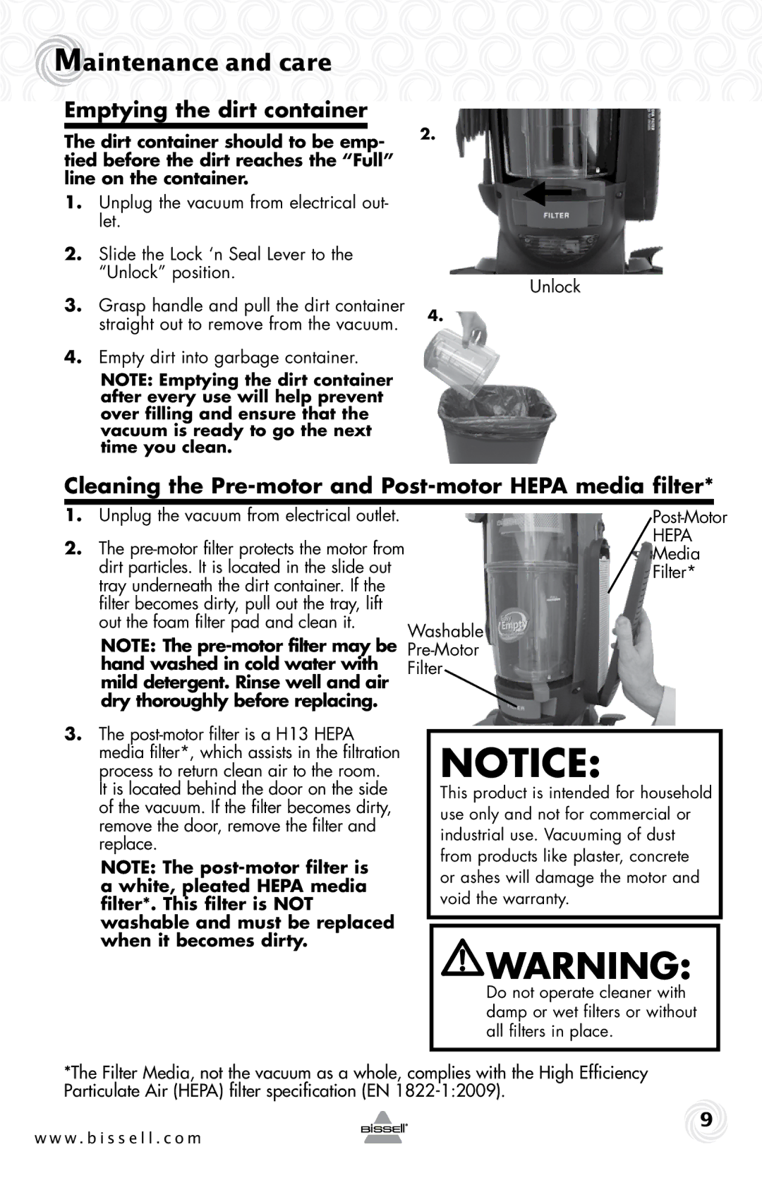 Bissell 58K5 warranty Emptying the dirt container, Cleaning the Pre-motor and Post-motor Hepa media filter 