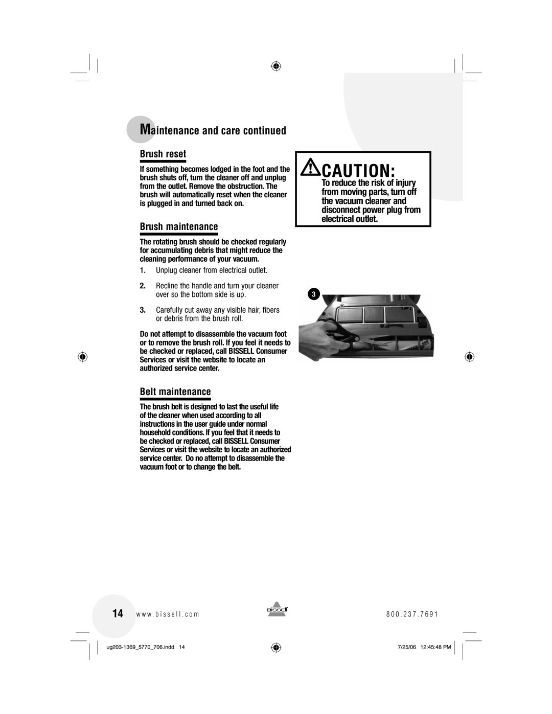 Bissell 6405, 5990, 5770 warranty Maintenance and care Brush reset, Brush maintenance, Belt maintenance 