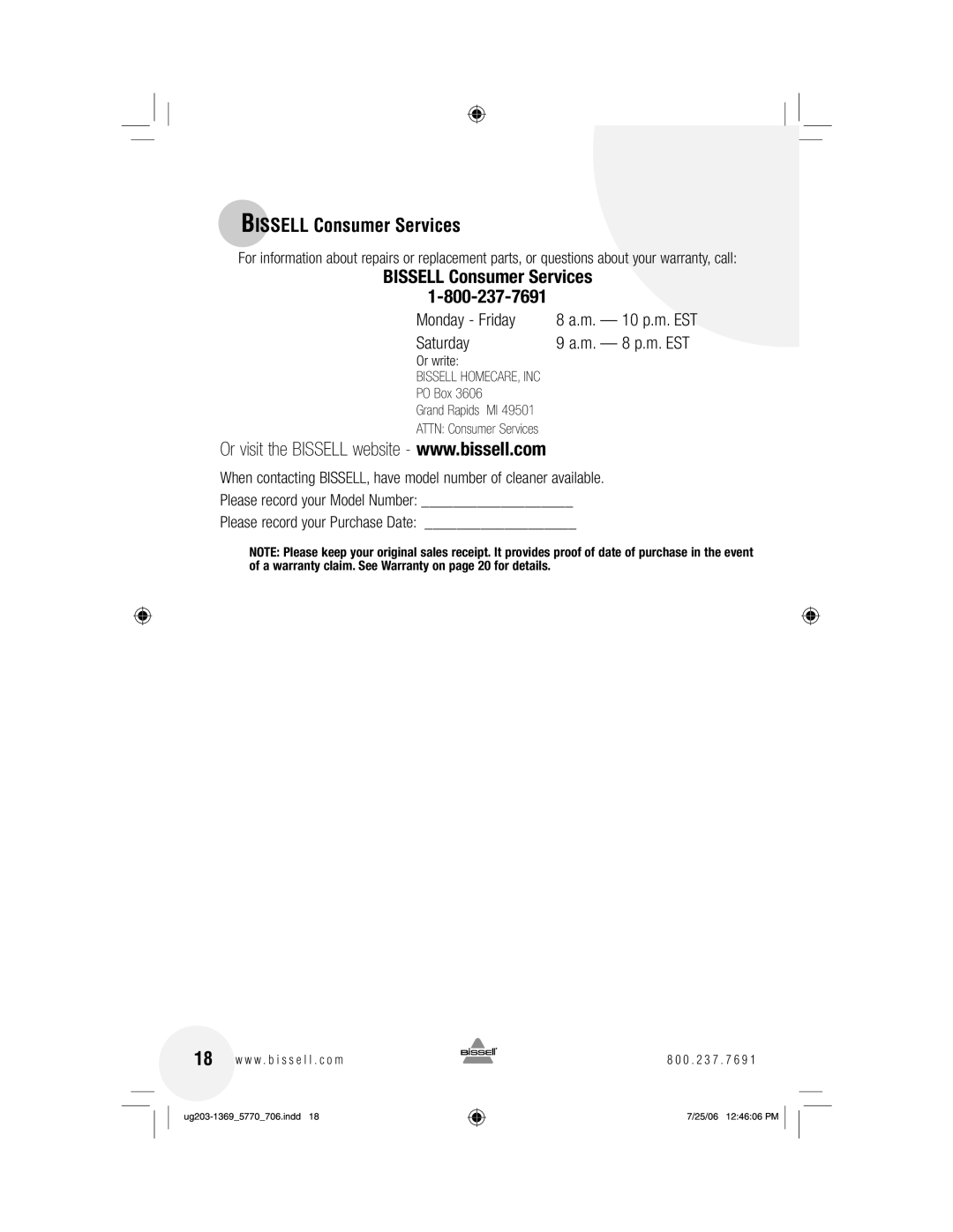 Bissell 5990, 5770, 6405 warranty Bissell Consumer Services 