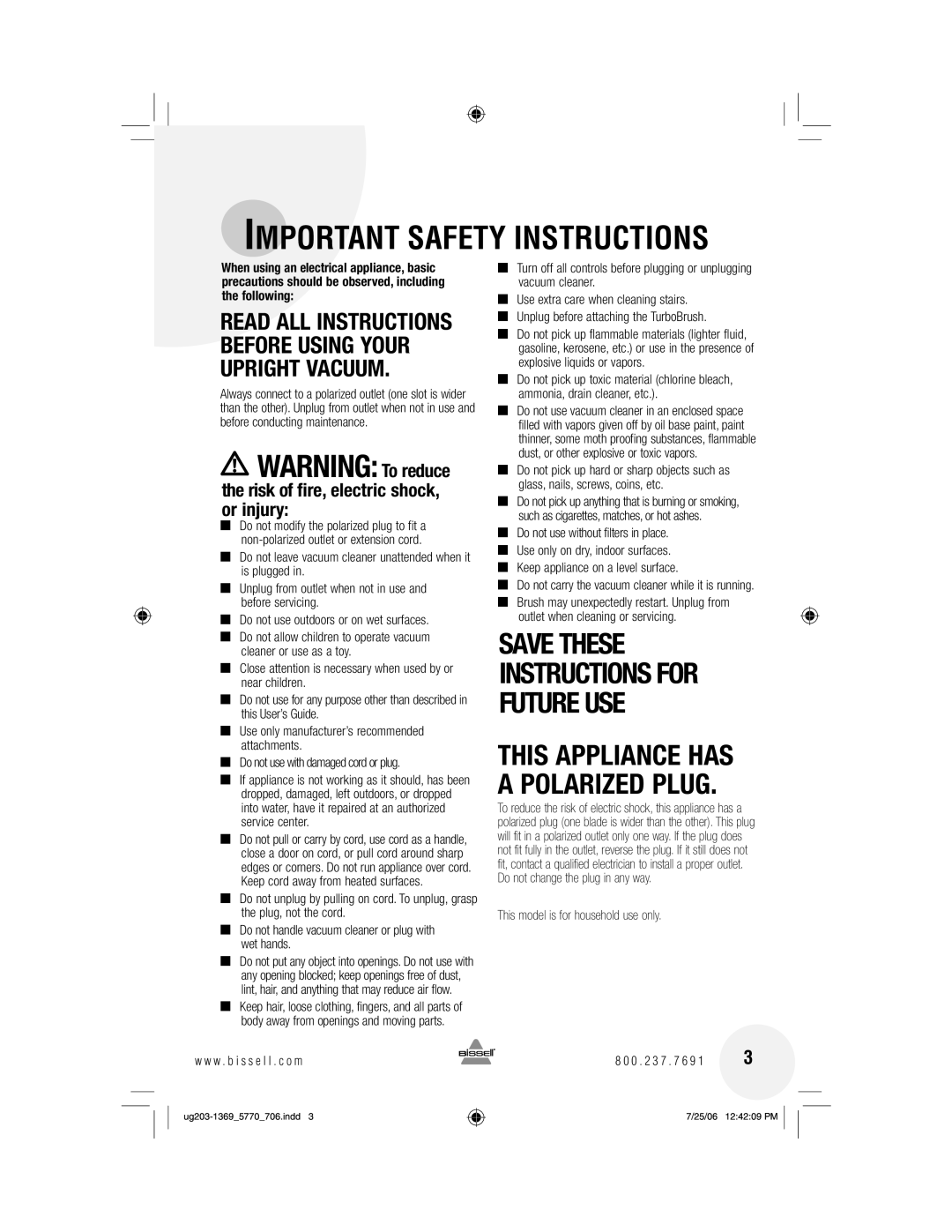 Bissell 5990, 5770, 6405 warranty Important Safety Instructions 