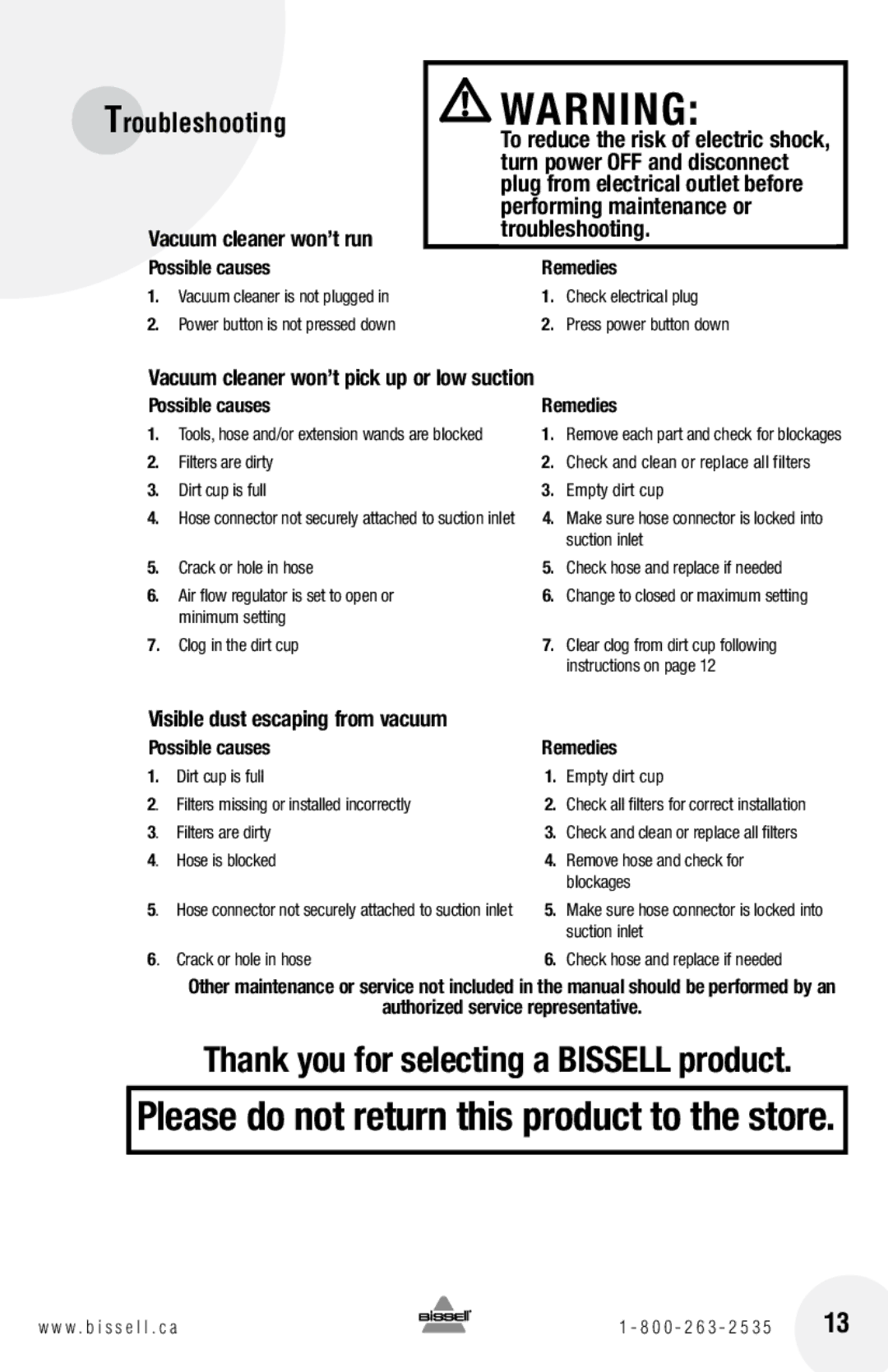 Bissell 59G4 warranty Please do not return this product to the store 