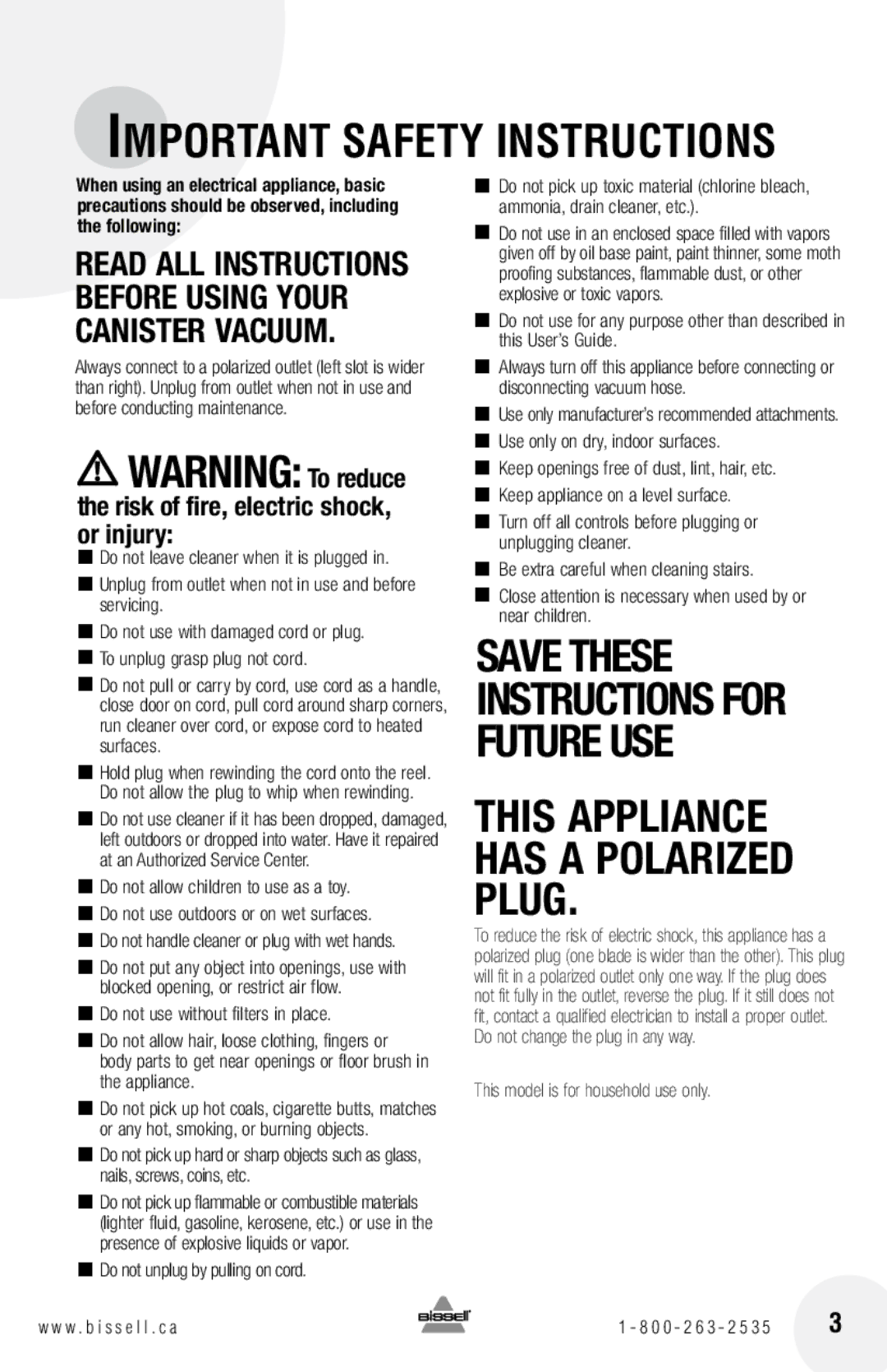 Bissell 59G4 warranty Important Safety Instructions 