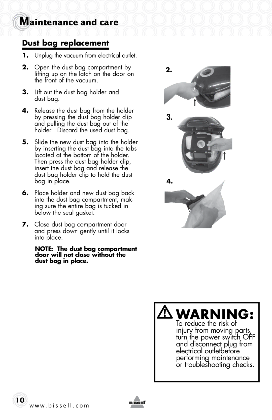 Bissell 59M5 warranty Maintenance and care, Dust bag replacement 