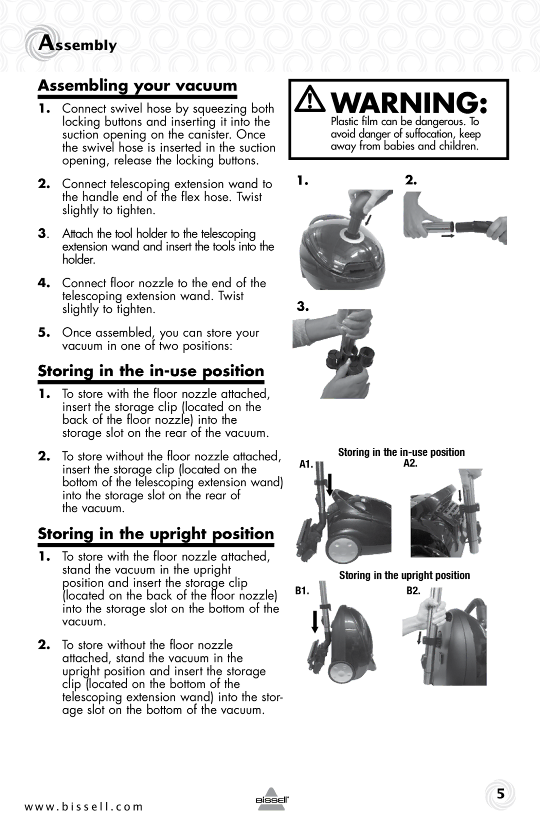 Bissell 59M5 warranty Assembling your vacuum, Storing in the in-use position, Storing in the upright position 