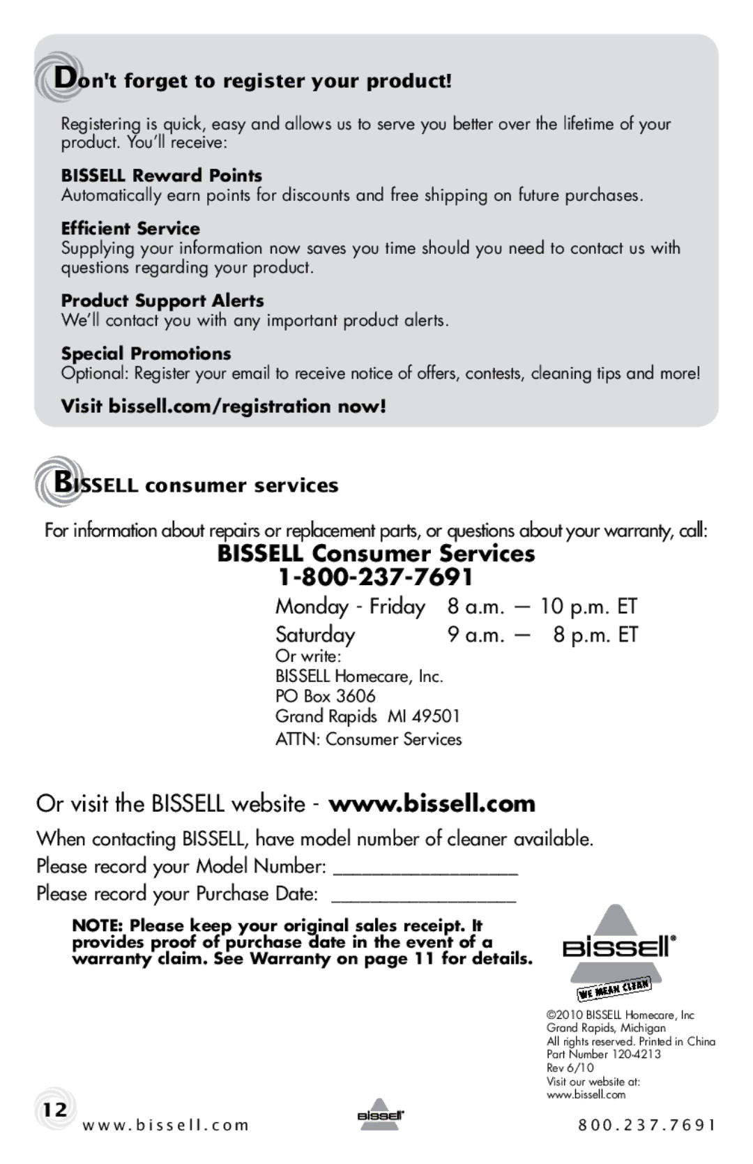 Bissell 60P4 warranty Bissell Consumer Services, Dont forget to register your product, Bissell consumer services 