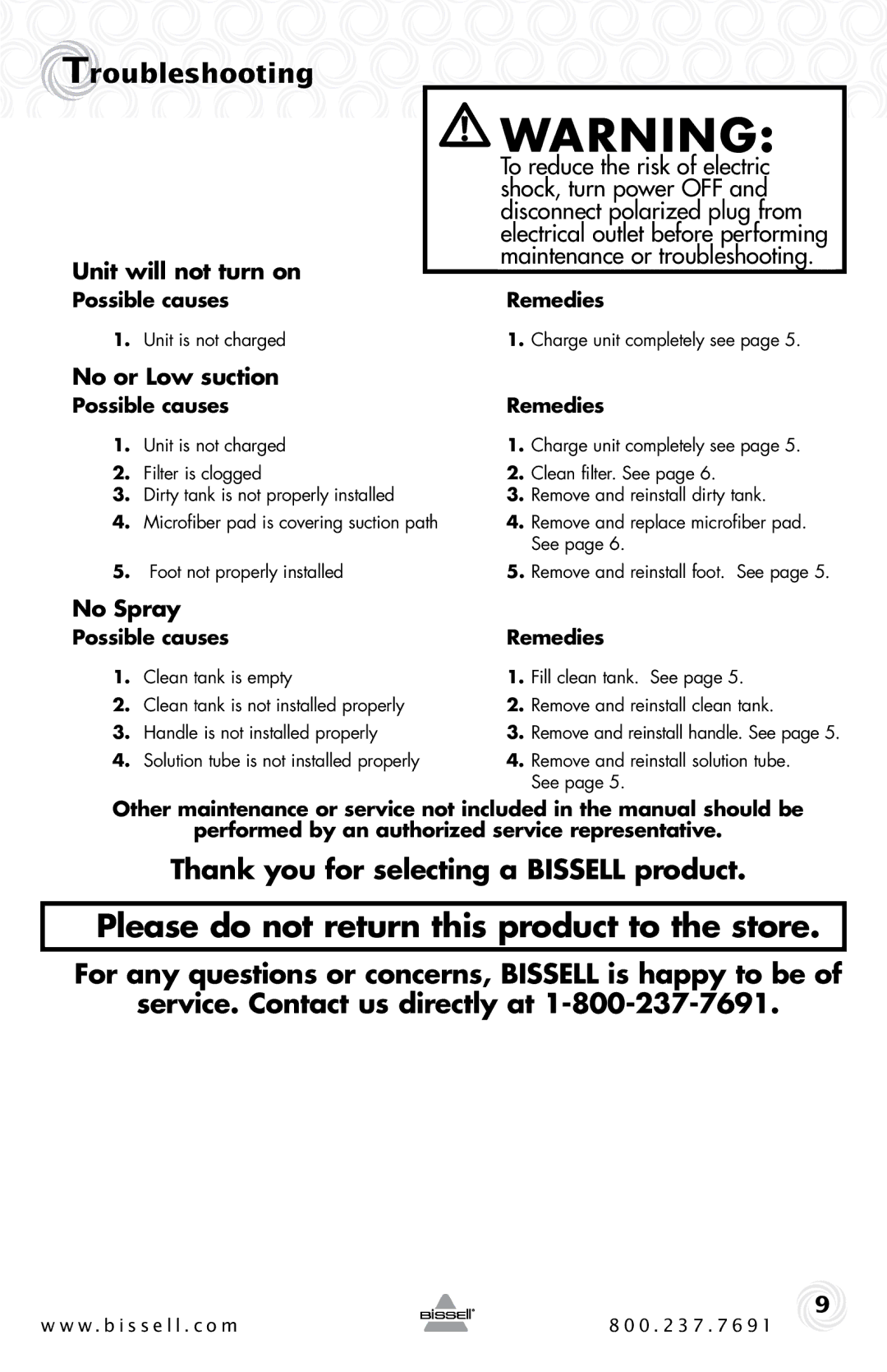 Bissell 60P4 warranty Troubleshooting, Thank you for selecting a Bissell product, Unit will not turn on, No or Low suction 