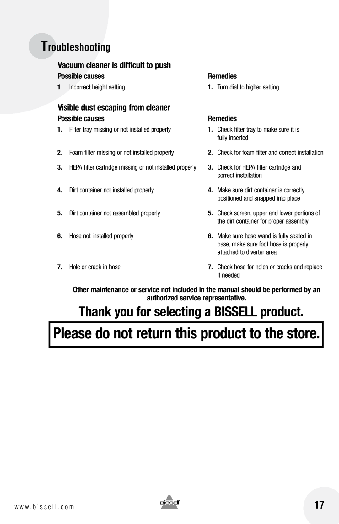 Bissell 6100 warranty Vacuum cleaner is difficult to push, Visible dust escaping from cleaner 