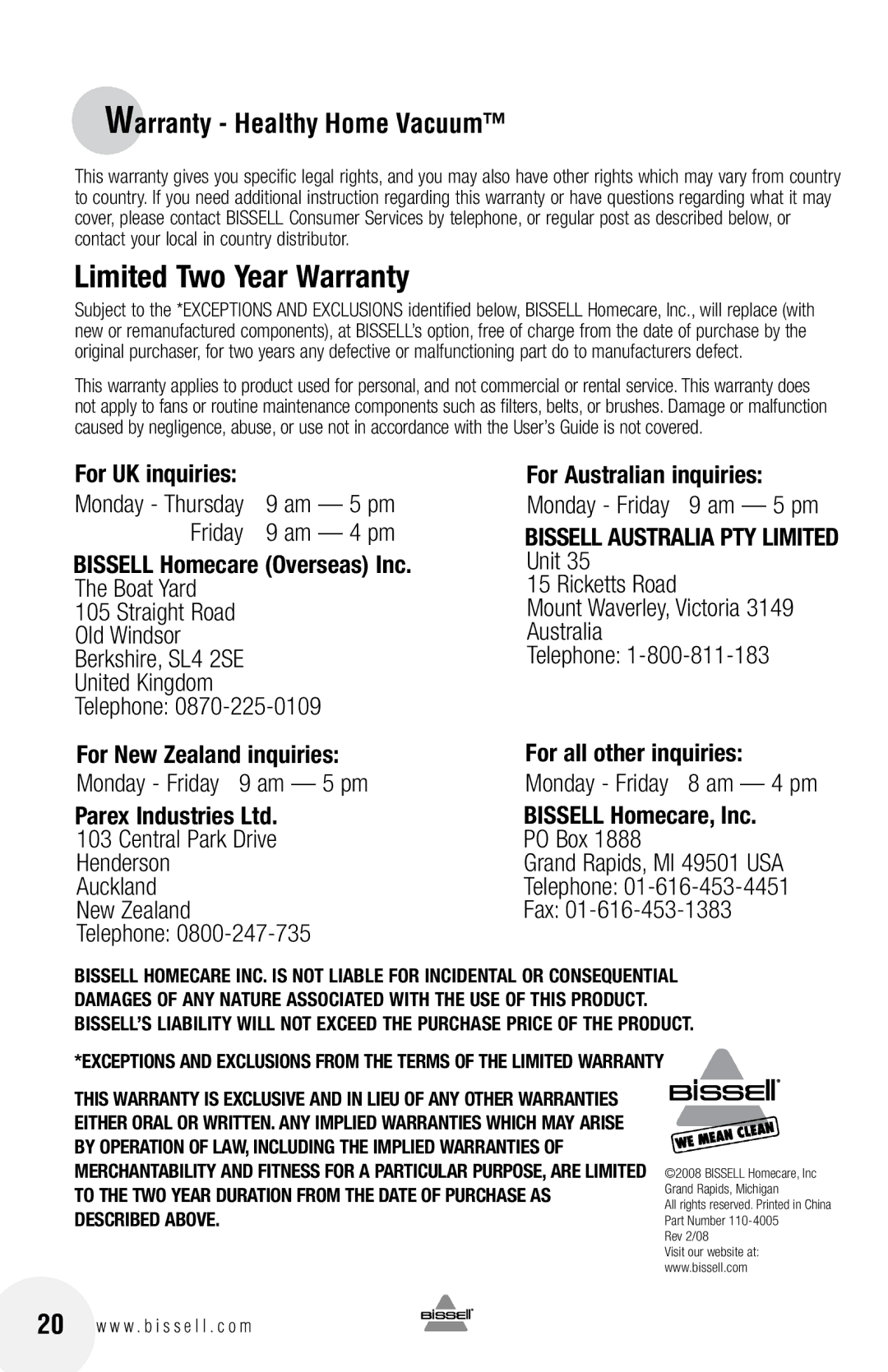 Bissell 6100 warranty Limited Two Year Warranty 