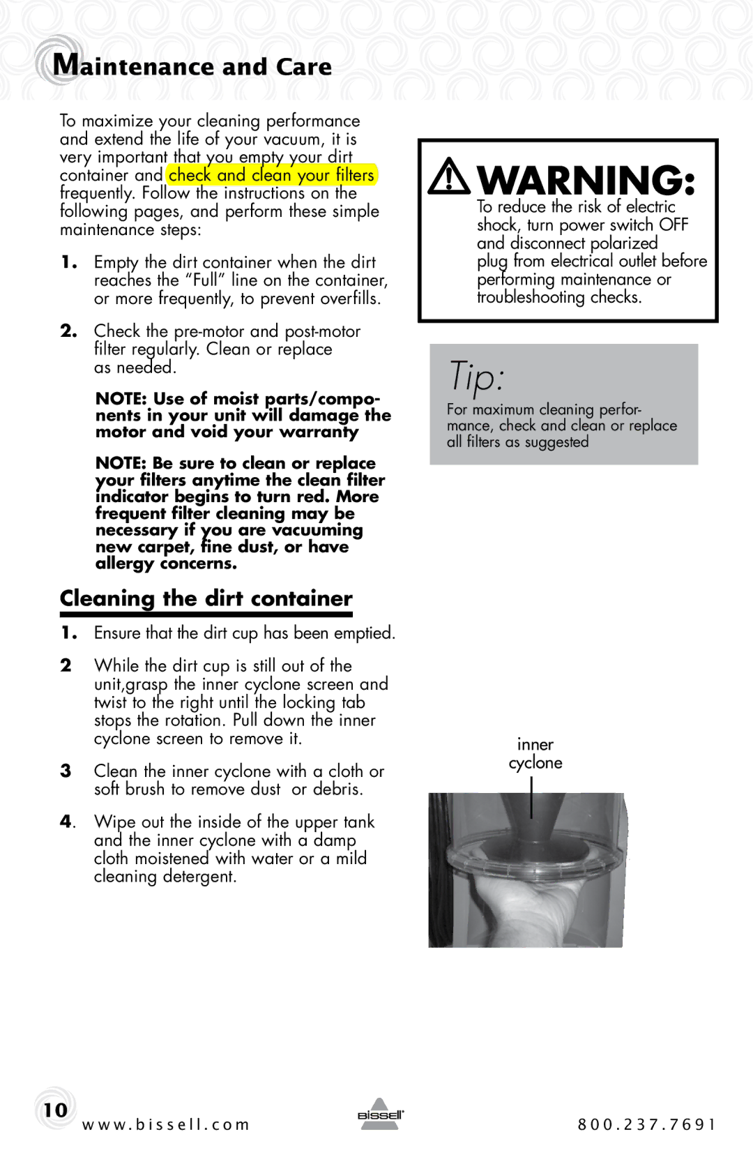 Bissell 61C5-G warranty Maintenance and Care, Cleaning the dirt container 