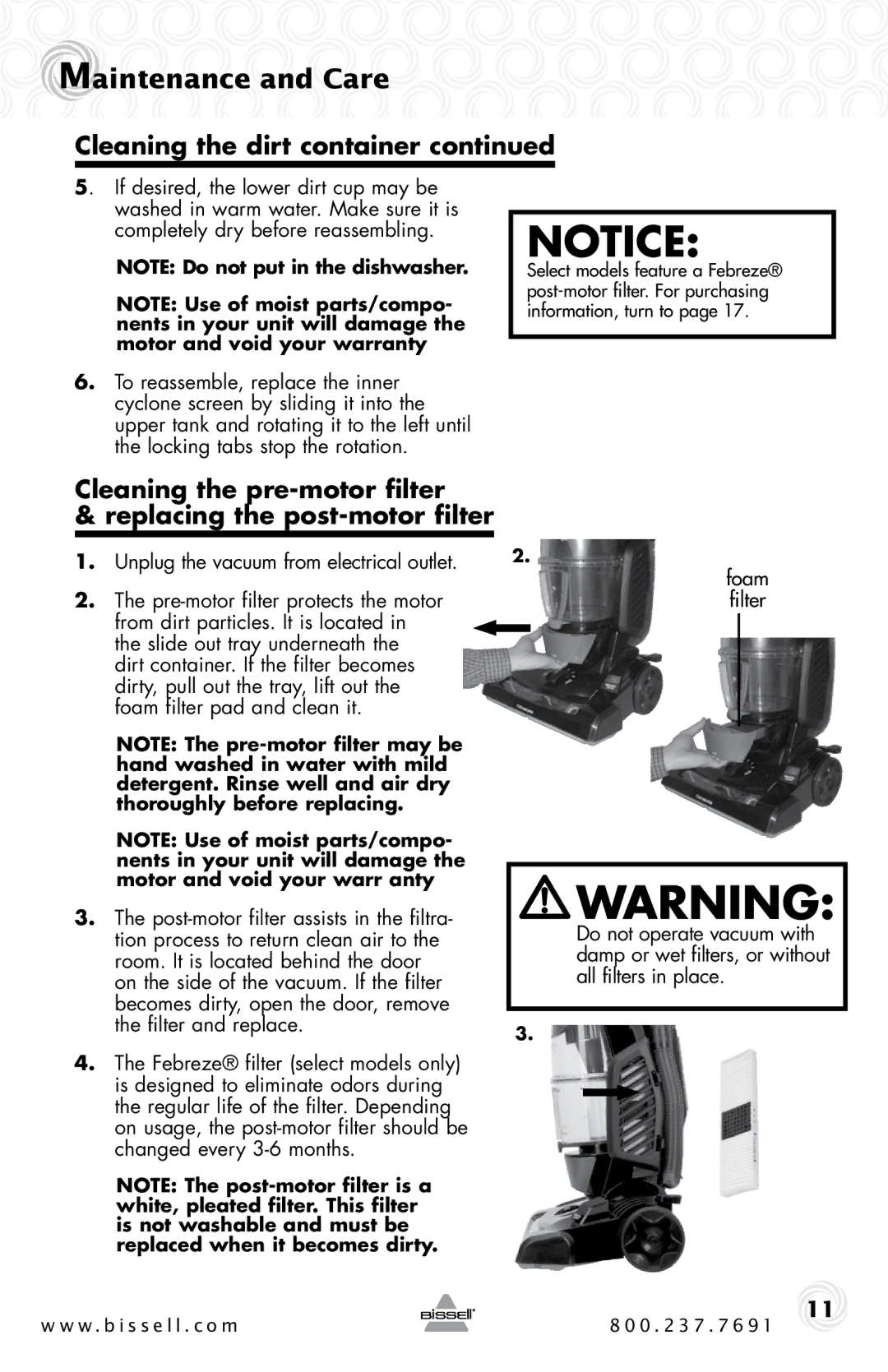 Bissell 61C5-G warranty Maintenance and Care 