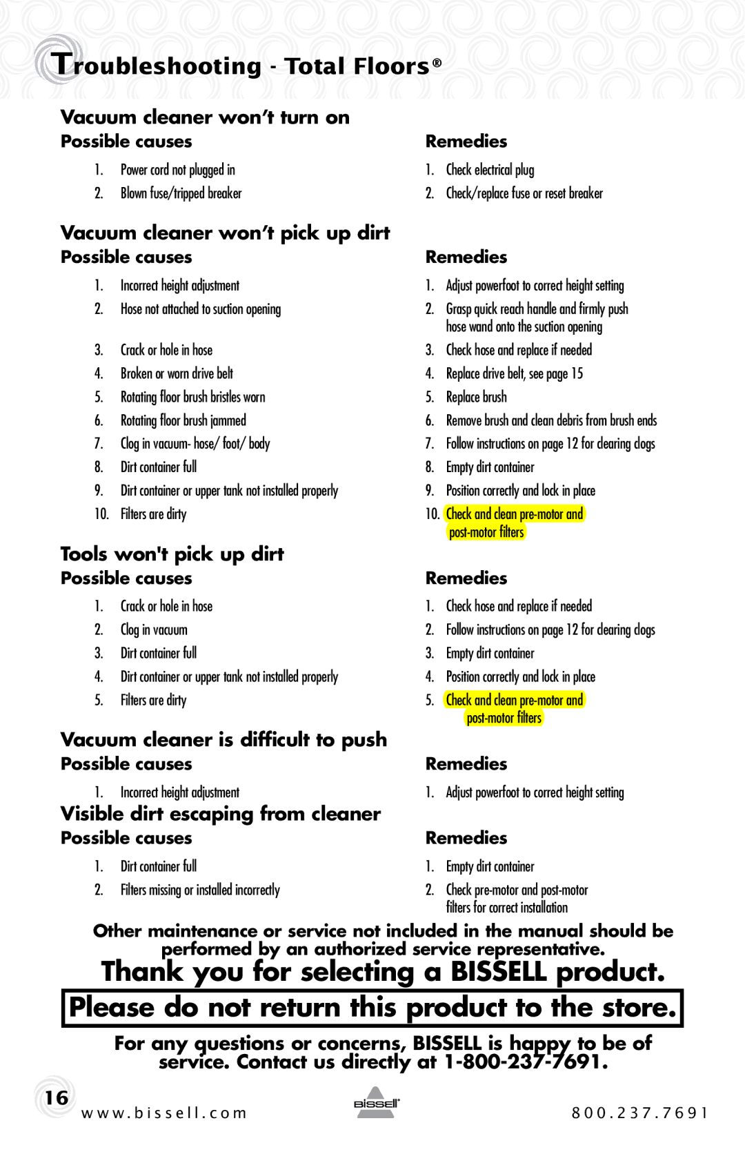 Bissell 61C5-G warranty Troubleshooting Total Floors 