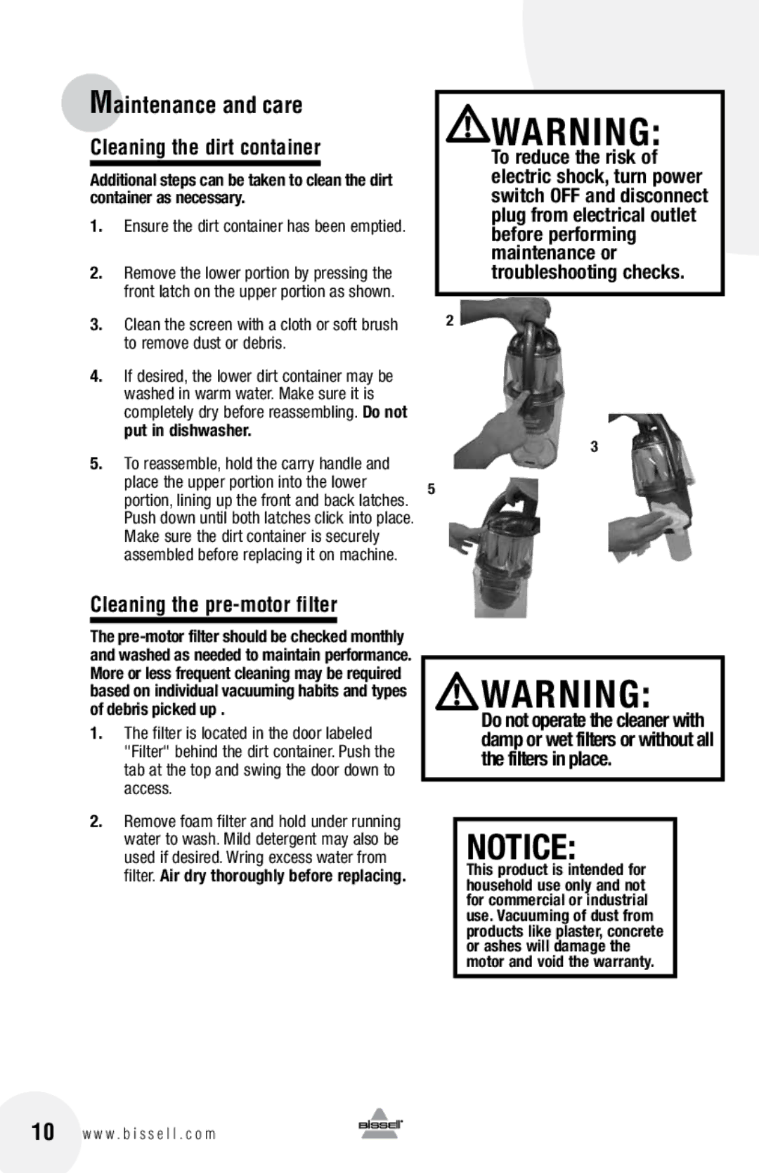 Bissell 61Z4 warranty Cleaning the dirt container, Cleaning the pre-motor filter 