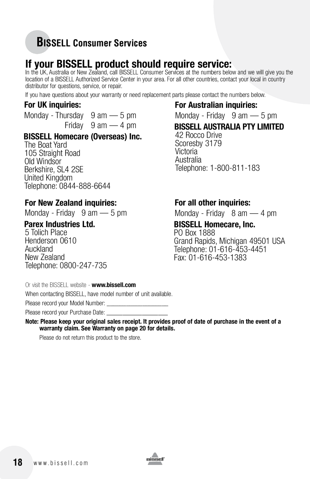 Bissell 61Z4 warranty If your Bissell product should require service 