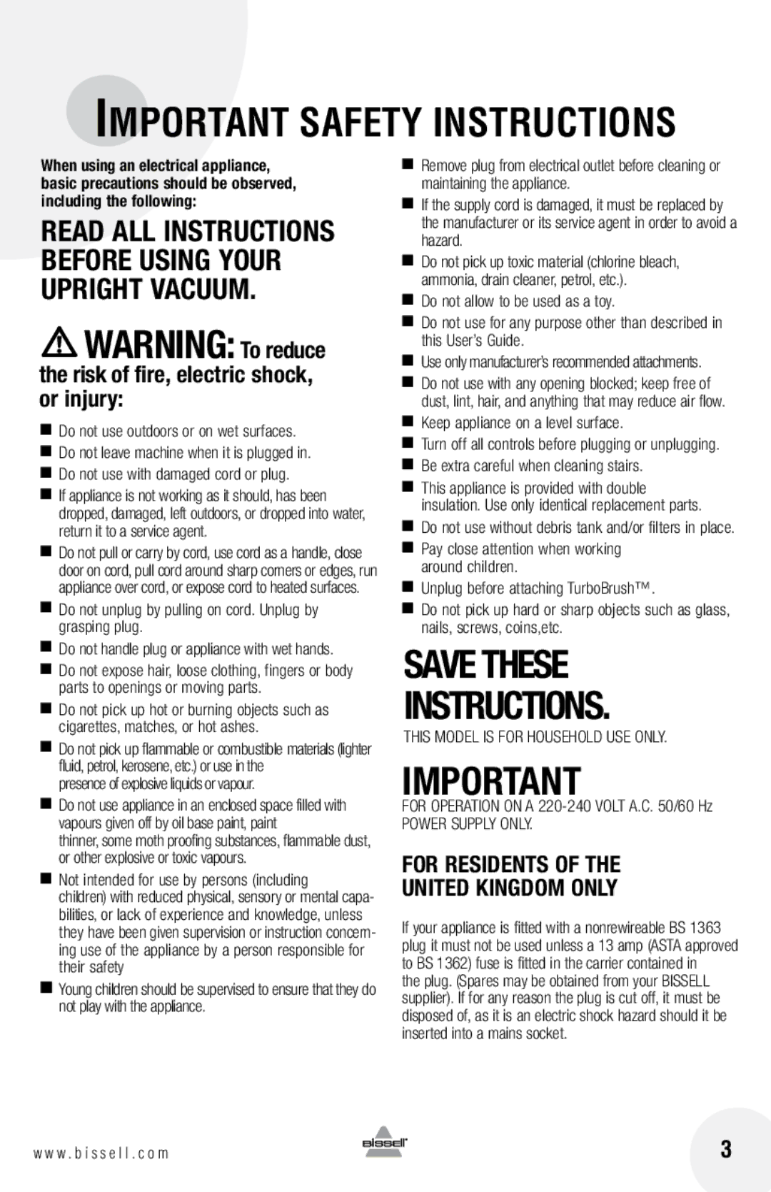 Bissell 61Z4 warranty Save These Instructions 