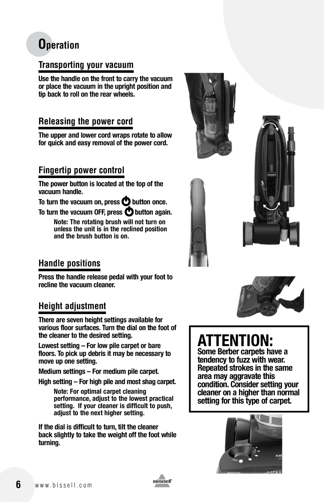 Bissell 61Z4 warranty Transporting your vacuum, Releasing the power cord, Fingertip power control, Handle positions 