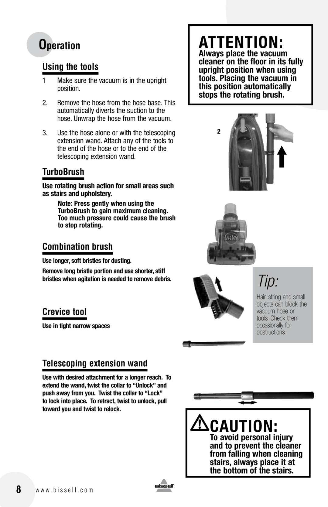 Bissell 61Z4 warranty Using the tools, TurboBrush, Combination brush, Crevice tool, Telescoping extension wand 