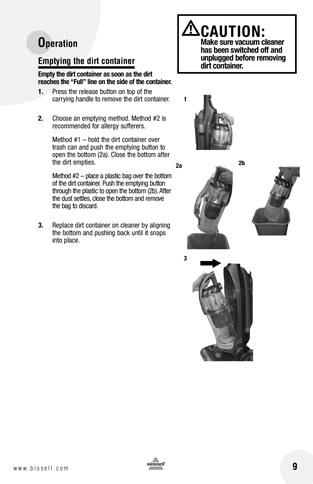 Bissell 61Z4 warranty Emptying the dirt container 