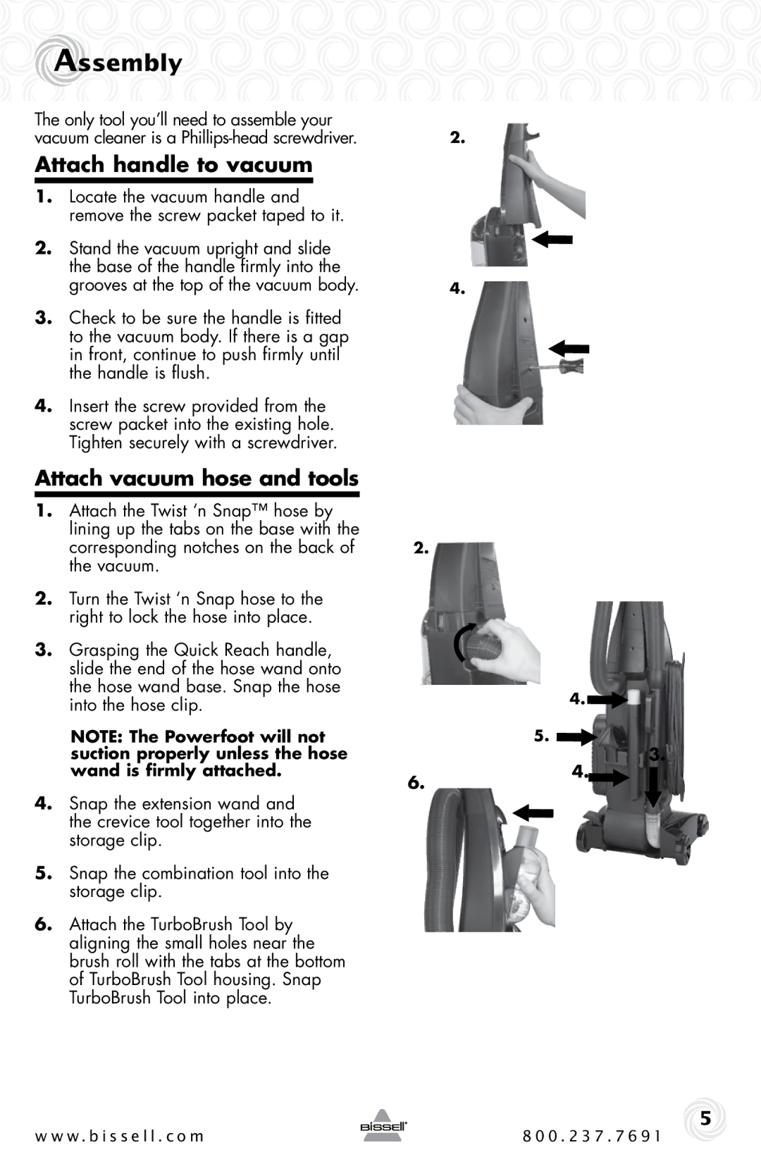 Bissell 6221 warranty Assembly, Attach handle to vacuum, Attach vacuum hose and tools 