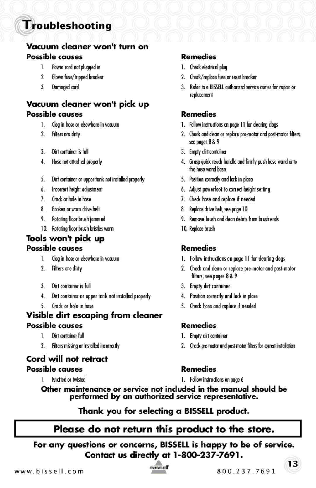 Bissell 62X5 warranty Troubleshooting, Please do not return this product to the store 