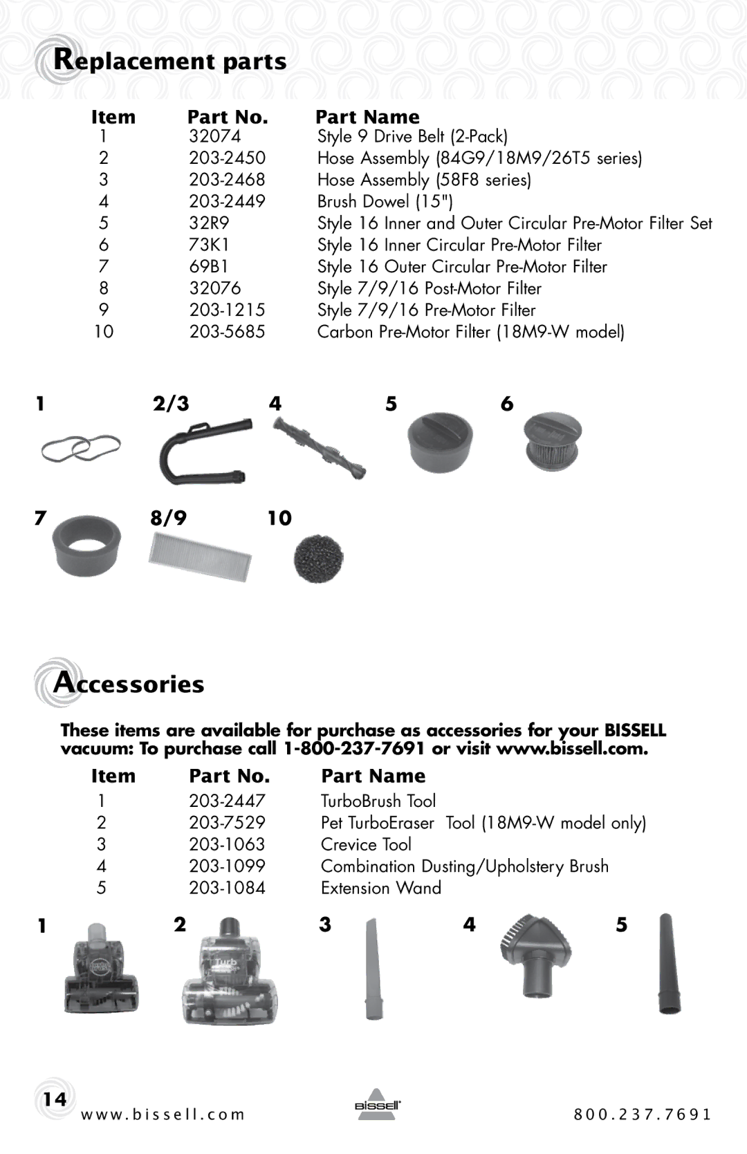 Bissell 62X5 warranty Replacement parts, Accessories, Part Name, 32074 