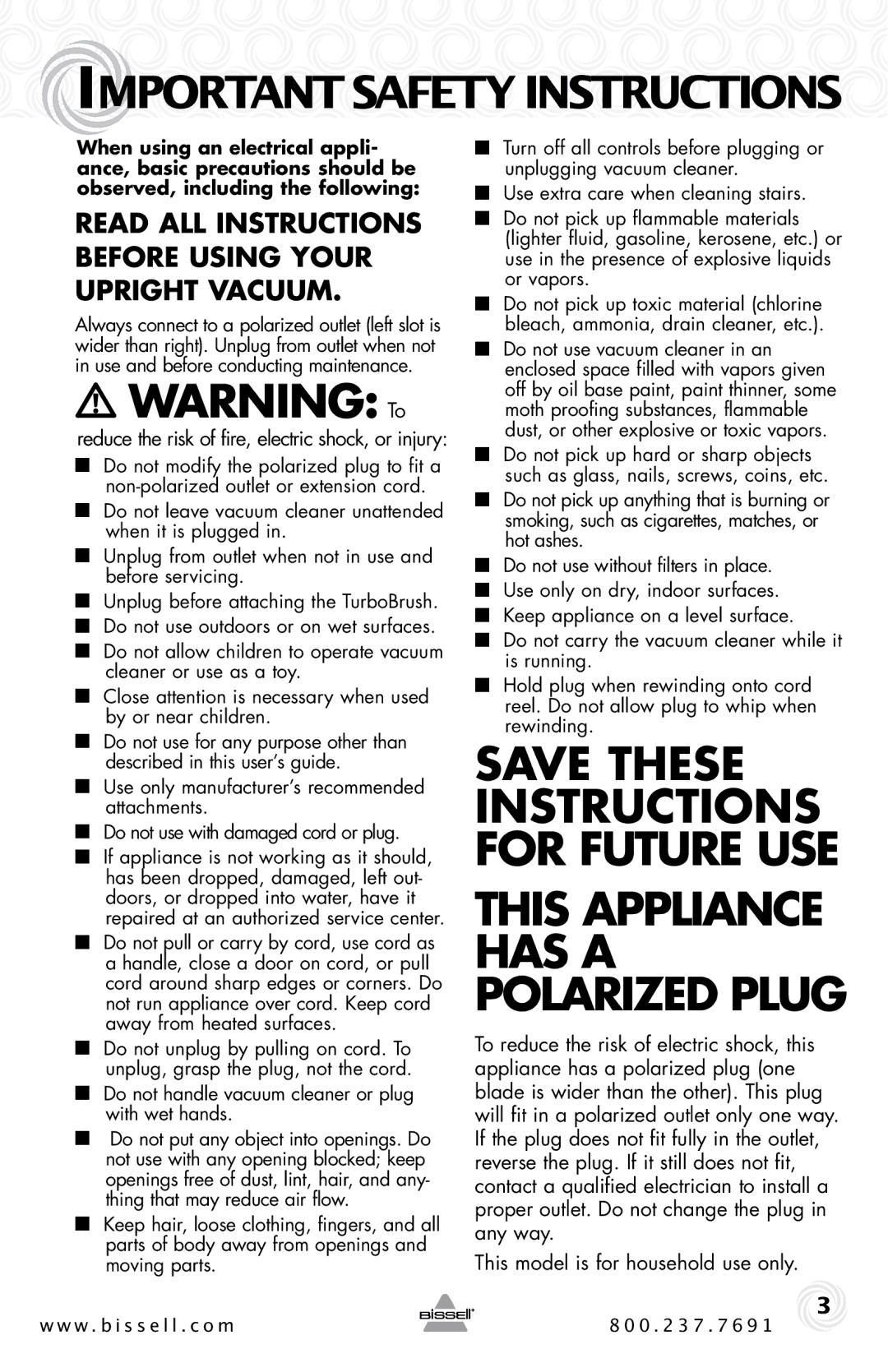 Bissell 62X5 warranty Important Safety Instructions, Read all instructions before using your upright Vacuum 