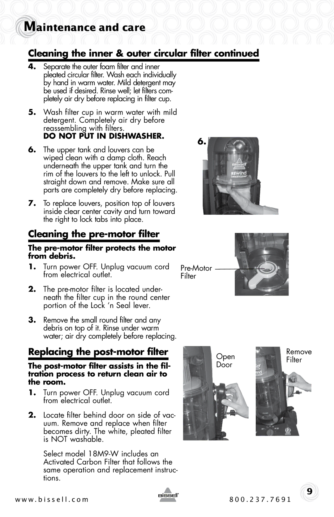 Bissell 62X5 warranty Cleaning the pre-motor filter, Replacing the post-motor filter 