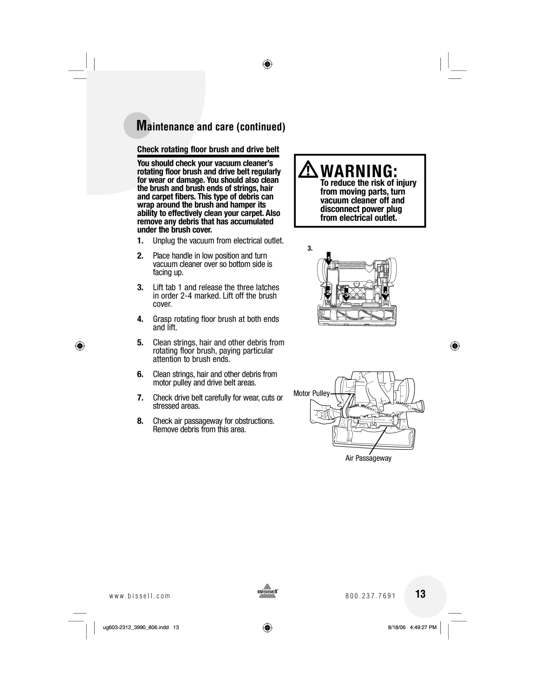 Bissell 6393 warranty Maintenance and care, Motor Pulley, Air Passageway 