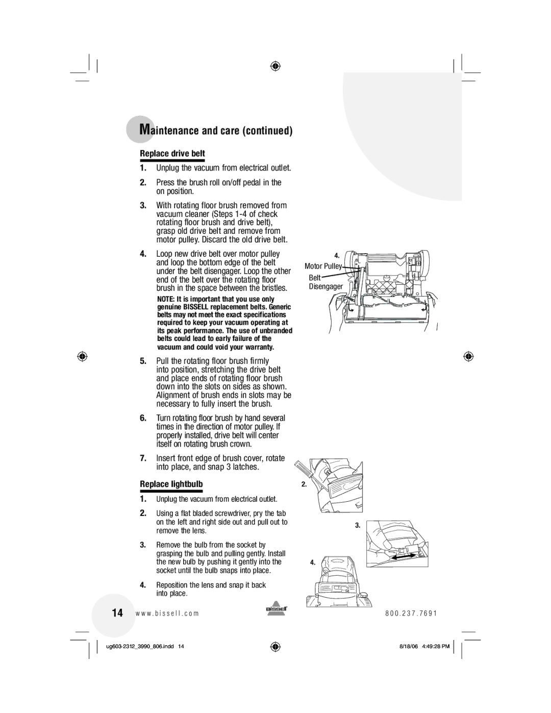 Bissell 6393 warranty Maintenance and care Replace drive belt, Replace lightbulb 