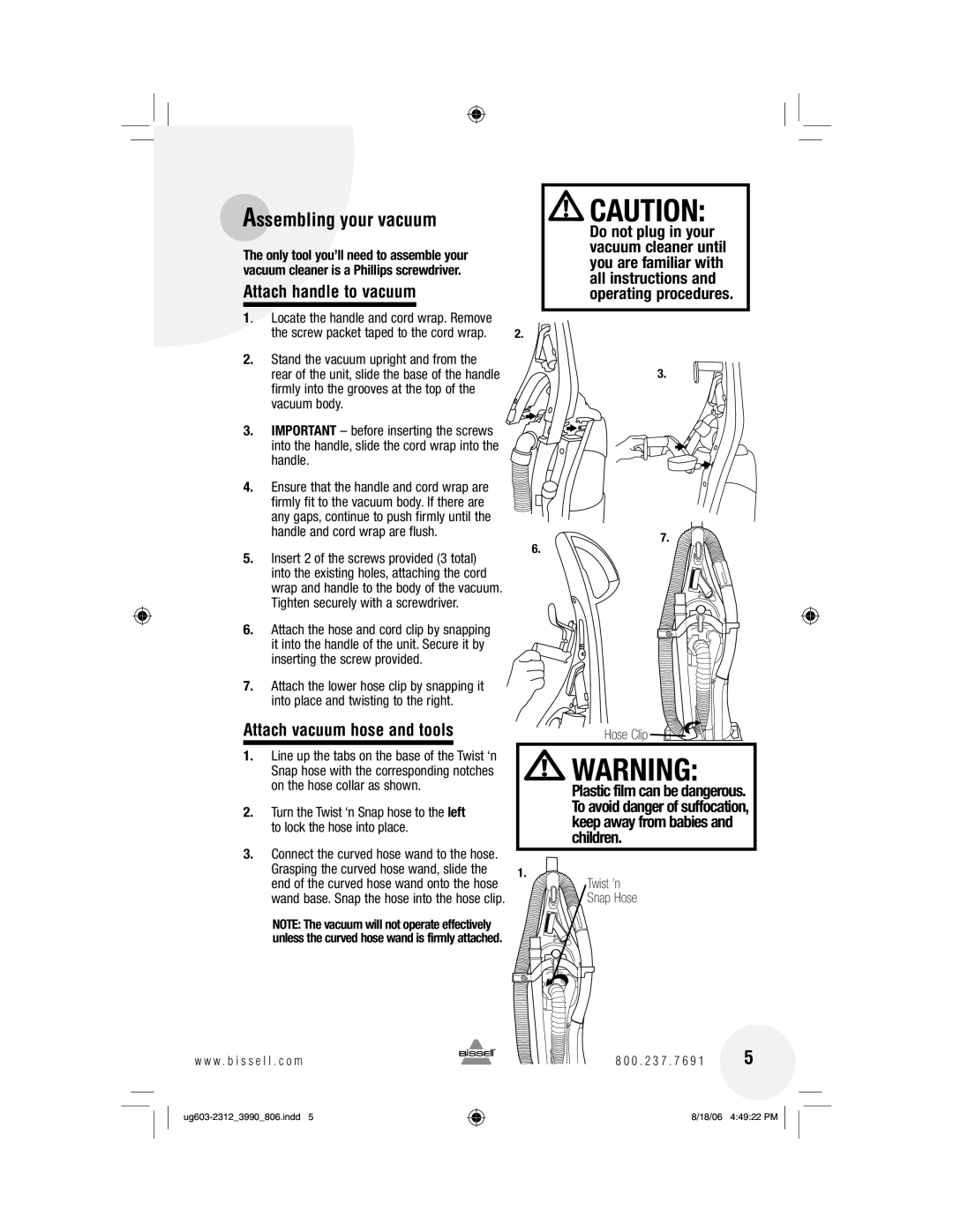 Bissell 6393 Assembling your vacuum, Attach handle to vacuum, Attach vacuum hose and tools, Hose Clip, Twist n Snap Hose 