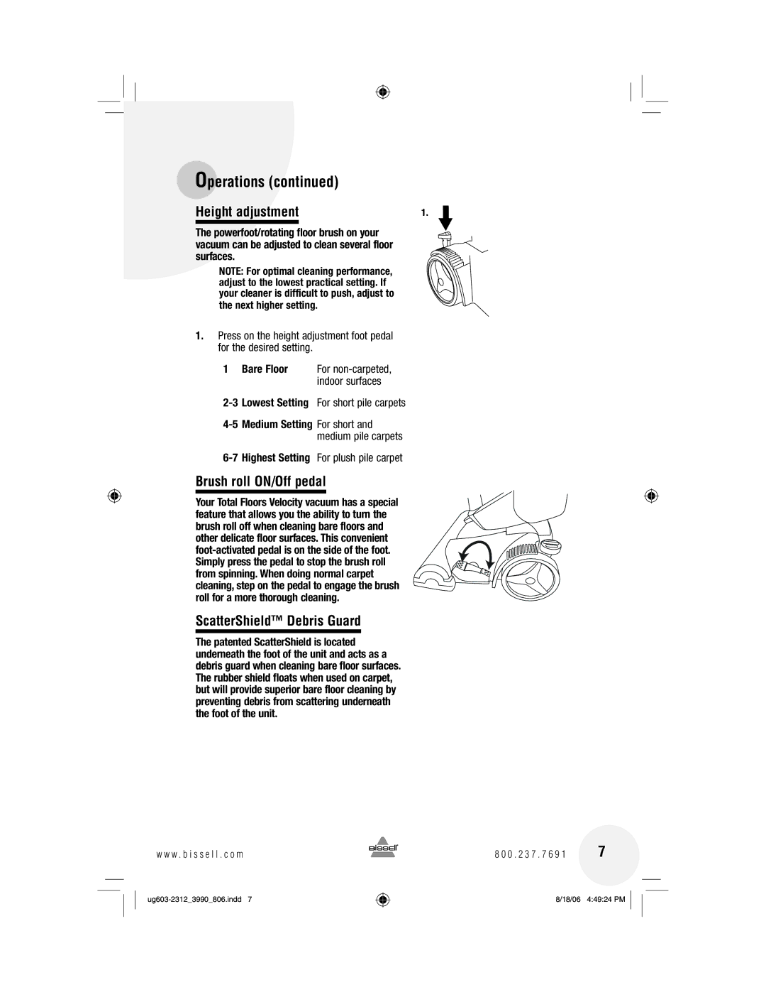 Bissell 6393 warranty Height adjustment, Brush roll ON/Off pedal, ScatterShield Debris Guard 