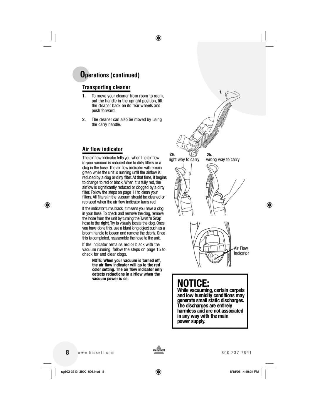 Bissell 6393 warranty Transporting cleaner, Air flow indicator, Right way to carry wrong way to carry Air Flow Indicator 