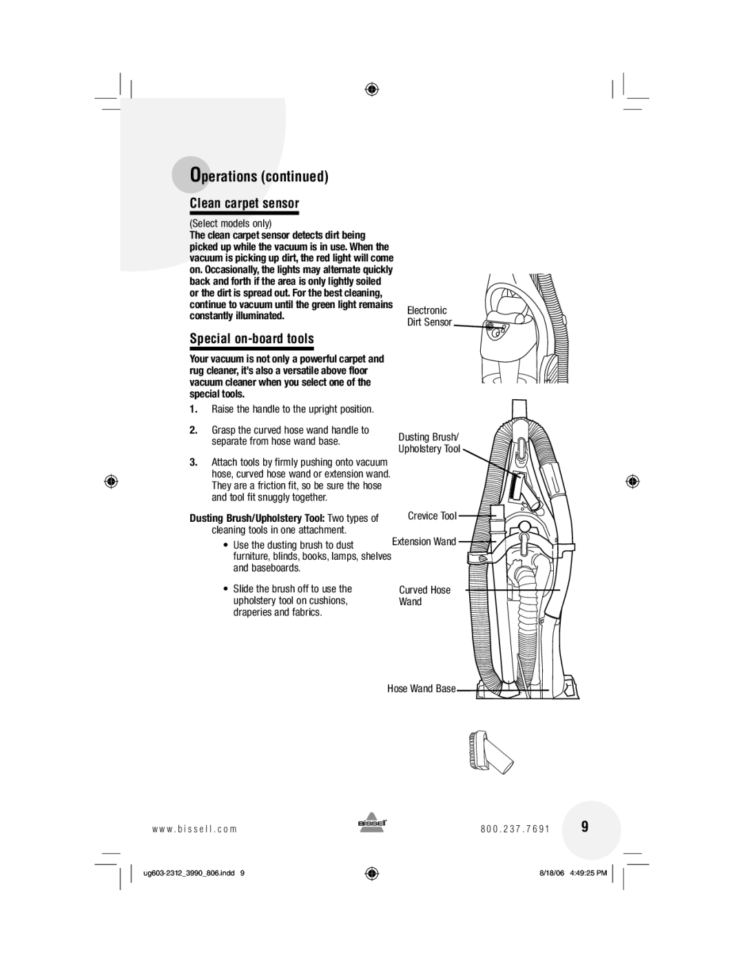 Bissell 6393 warranty Clean carpet sensor, Special on-board tools, Hose Wand Base 